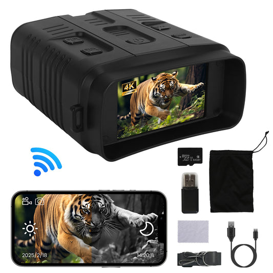 Night Vision Goggles 4K Full-Color BinocularsÊ10XÊZoom with 2624ft Viewing Range 3\'\' Screen 64G MMC Card WIFI APP Control Save Photo and Video for C