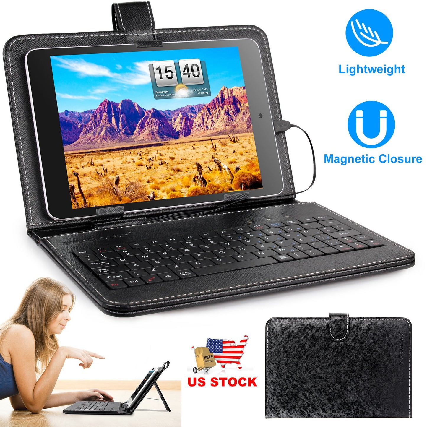 7.9in Protective Keyboard Case w/ Keyboard PU Leather Back Stand Tablet Cover via USB 2.0 Cable