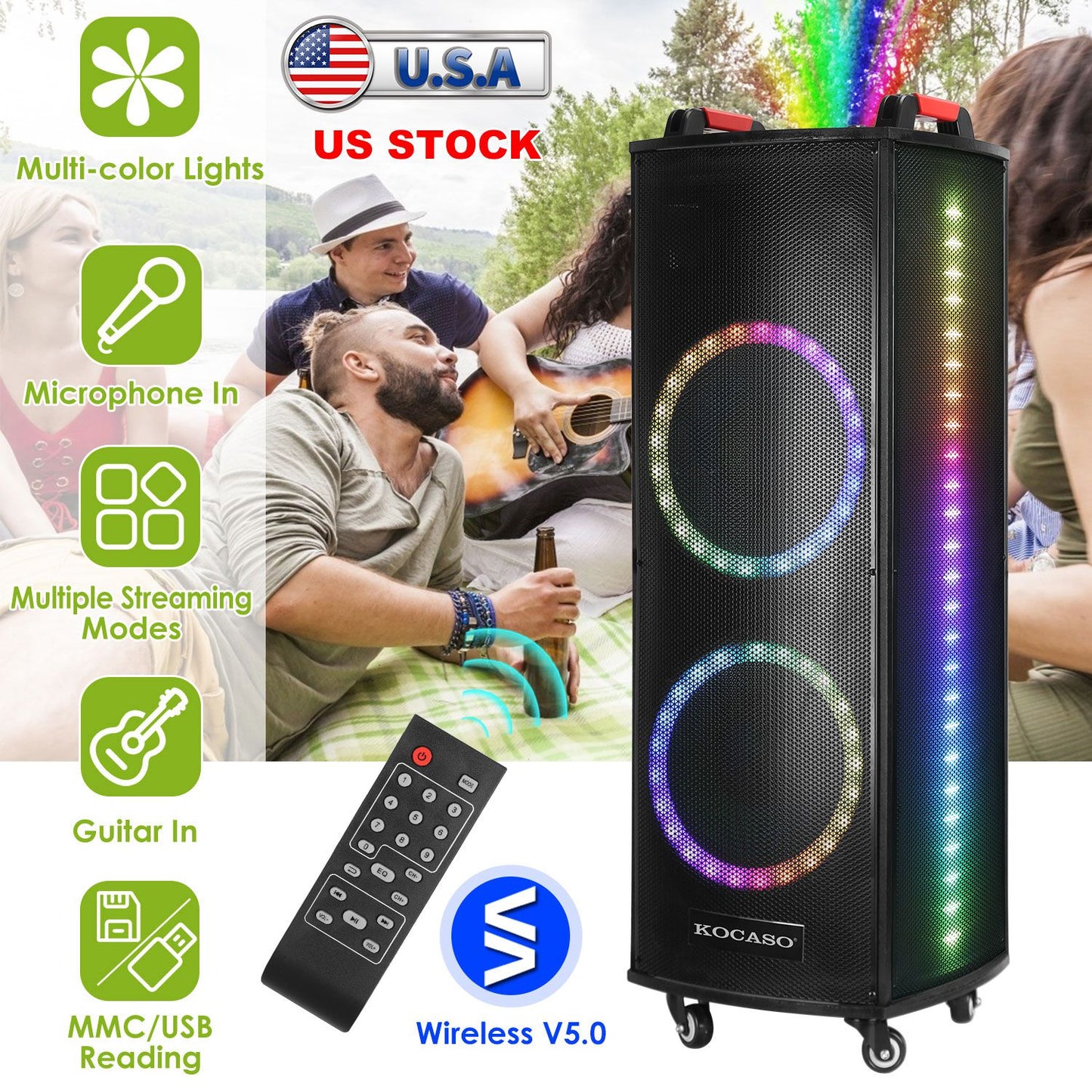Portable Wireless Party Speaker Colorful Lights DJ PA System with TWS Function FM Radio USB MMC Card Reading Aux In Guitar Input Recording Function Mi