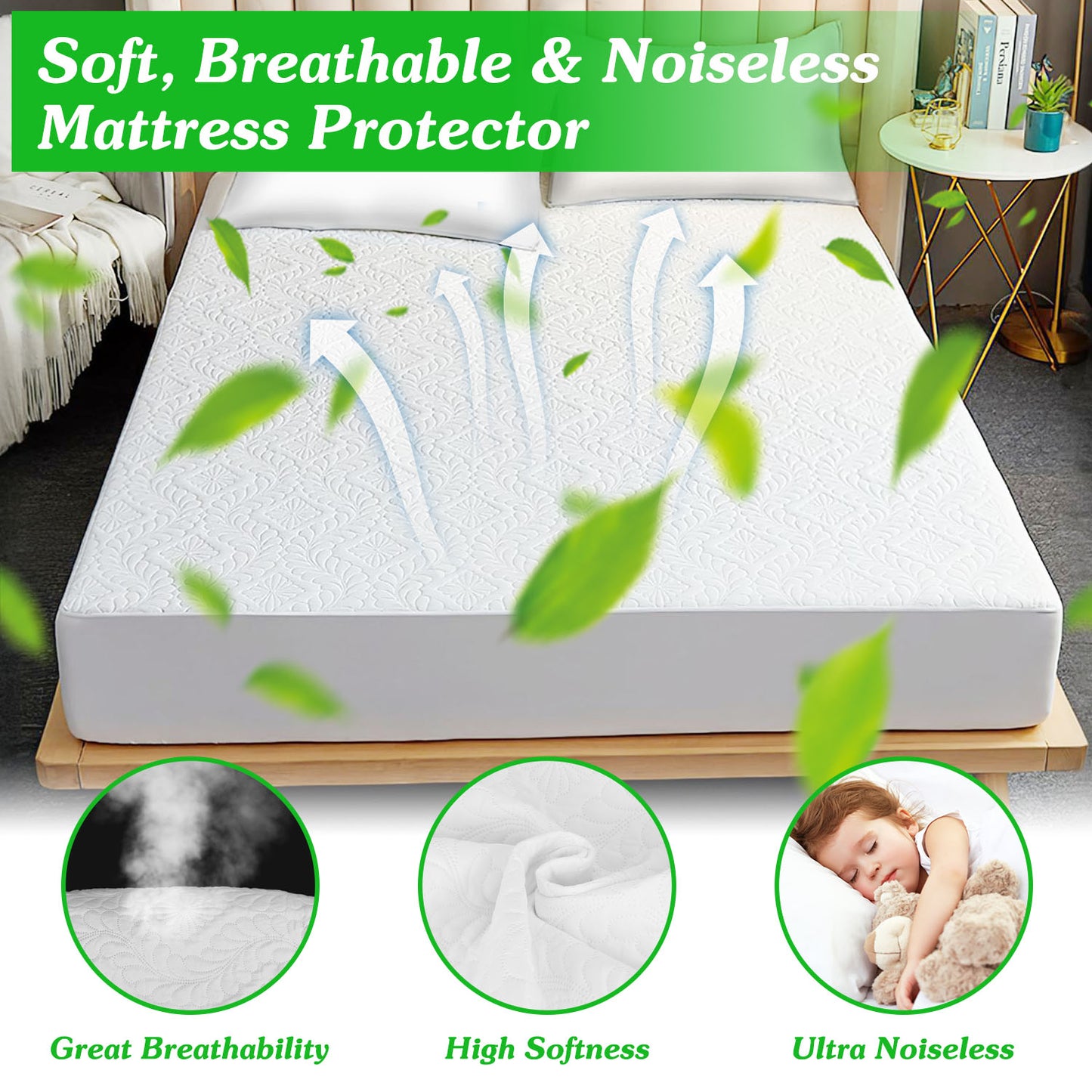 Queen Size Waterproof Mattress Protector Breathable Soft Cotton Mattress Pad Cover With Elastic Deep Pocket Up To 11in Noiseless Machine Washable Bedd