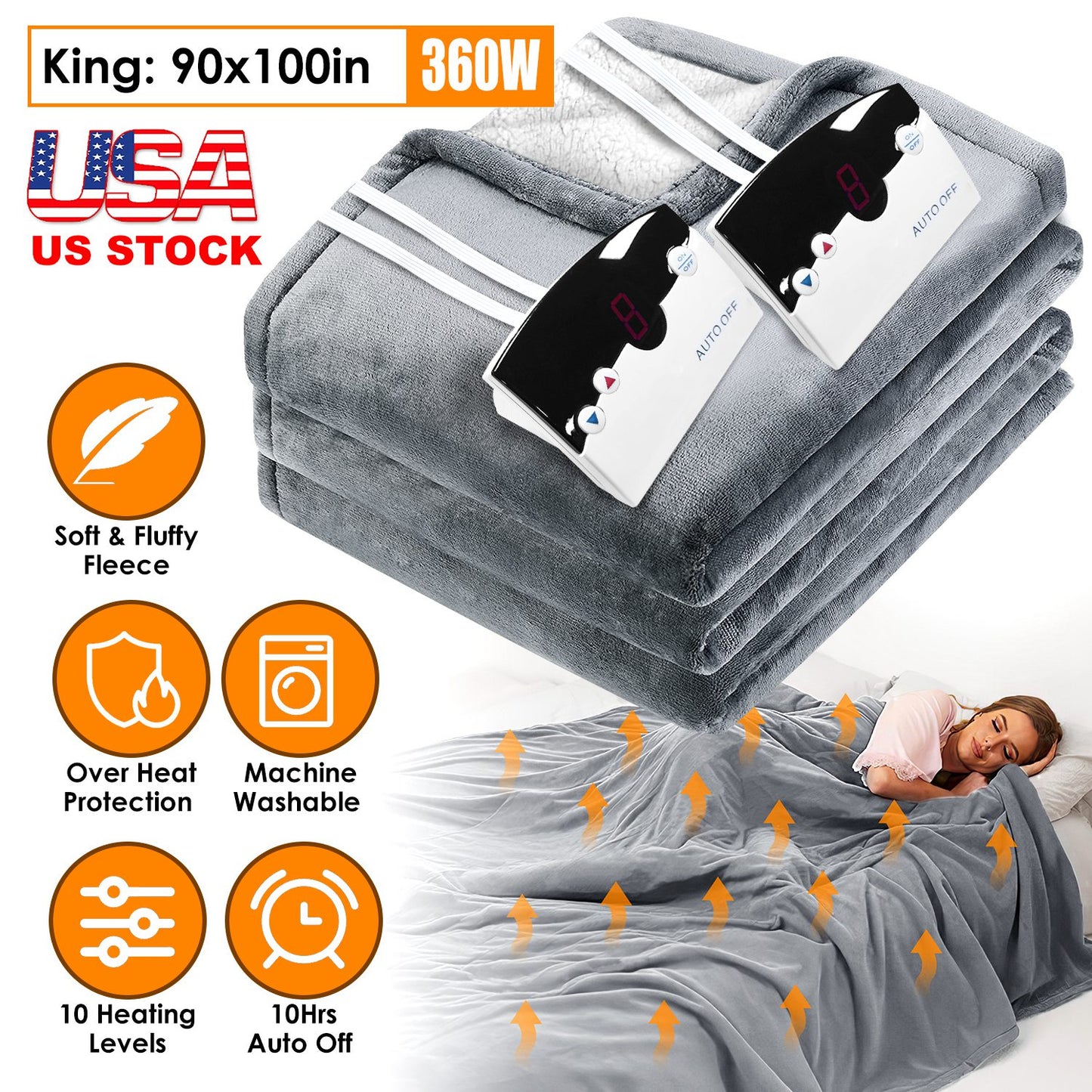 Electric Heated King Size Fleece Heated Blanket with Dual Controller 10 Heating Levels 10 Hours Auto Off Machine Washable for Home Office Usage 90x100