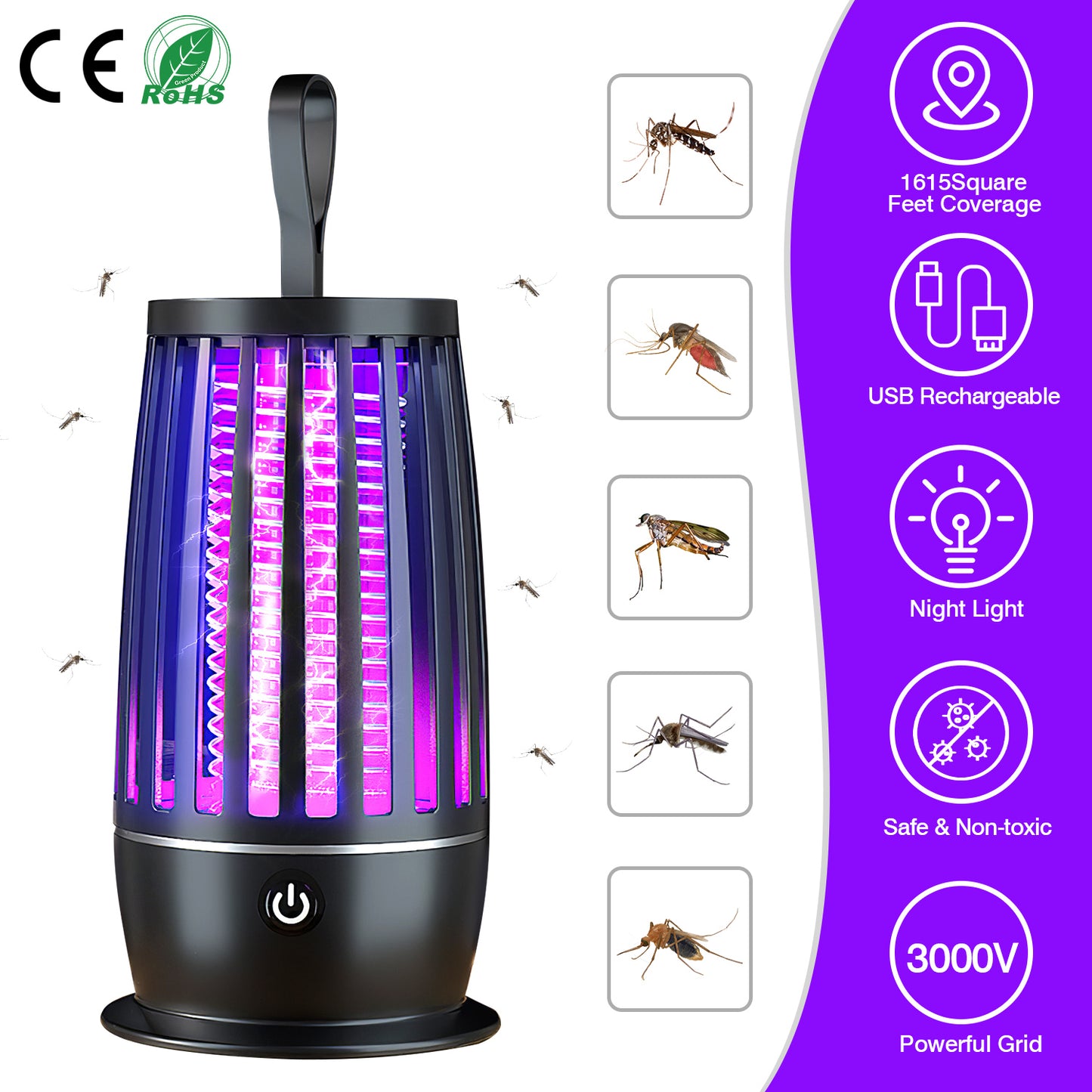 Rechargeable Mosquito Killer Lamp Bug Zapper with Night Light Strap Mosquito Catcher with Max 1615Square Feet Range UV Light for Indoor Outdoor