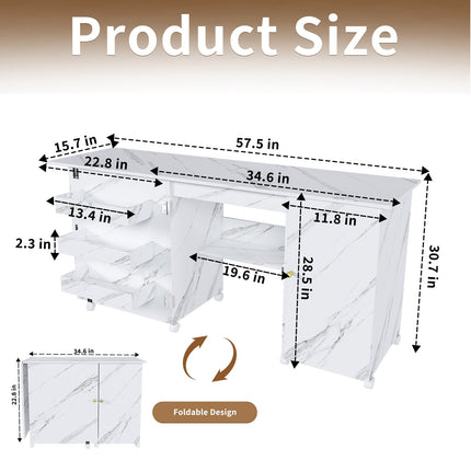 57.5" Foldable Sewing Machine Table with Storage & Casters