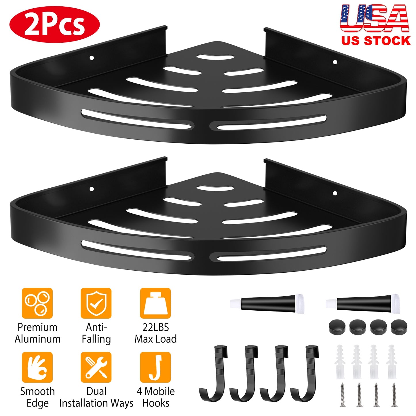 2Pcs Corner Shower Caddy Shelf Adhesive Bathroom Wall Mounted Storage Racks Aluminum Organizers For Bathroom Toilet Kitchen Dorm