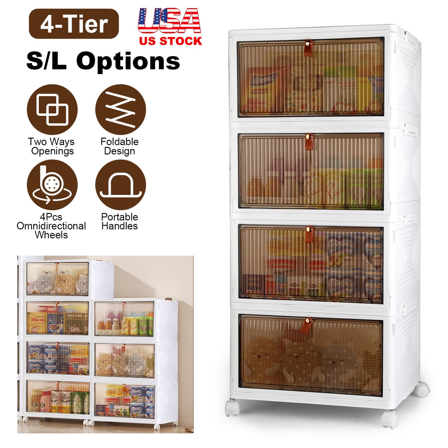 4-Tier Foldable Storage Bins with Lid Front Magnetic Door Collapsible Stackable Closet Organizer Containers with 4Pcs 360¡ Rotatable Wheels