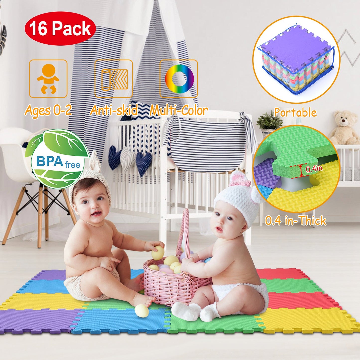 16Pcs Kids Puzzle Exercise Play Mat Interlocking Non-Toxic EVA Floor Mat Multi-Color Anti-Skid Playmat for Infants Baby Toddlers