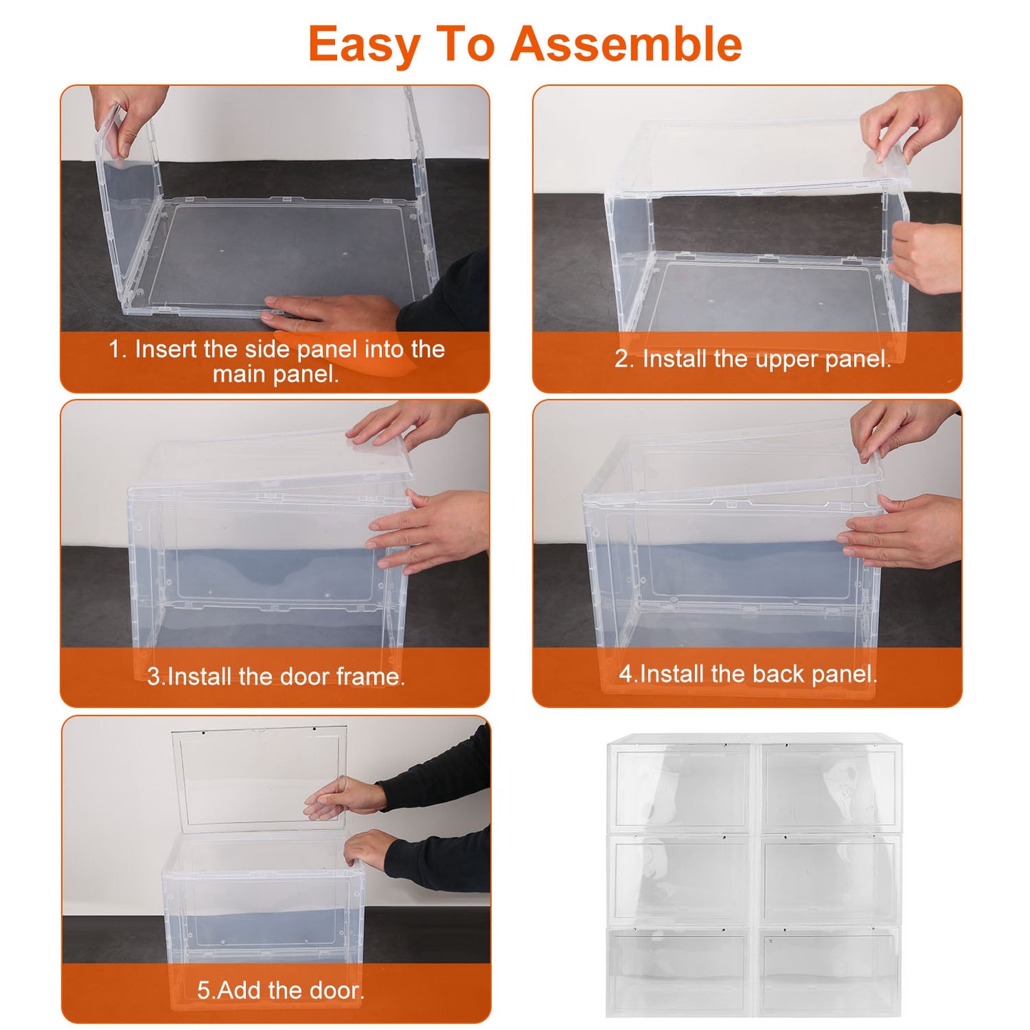 6Packs Collapsible Shoe Box Stackable Shoe Storage Bin Transparent Dustproof Hard PP Shoe Organizer Container with Magnetic Door