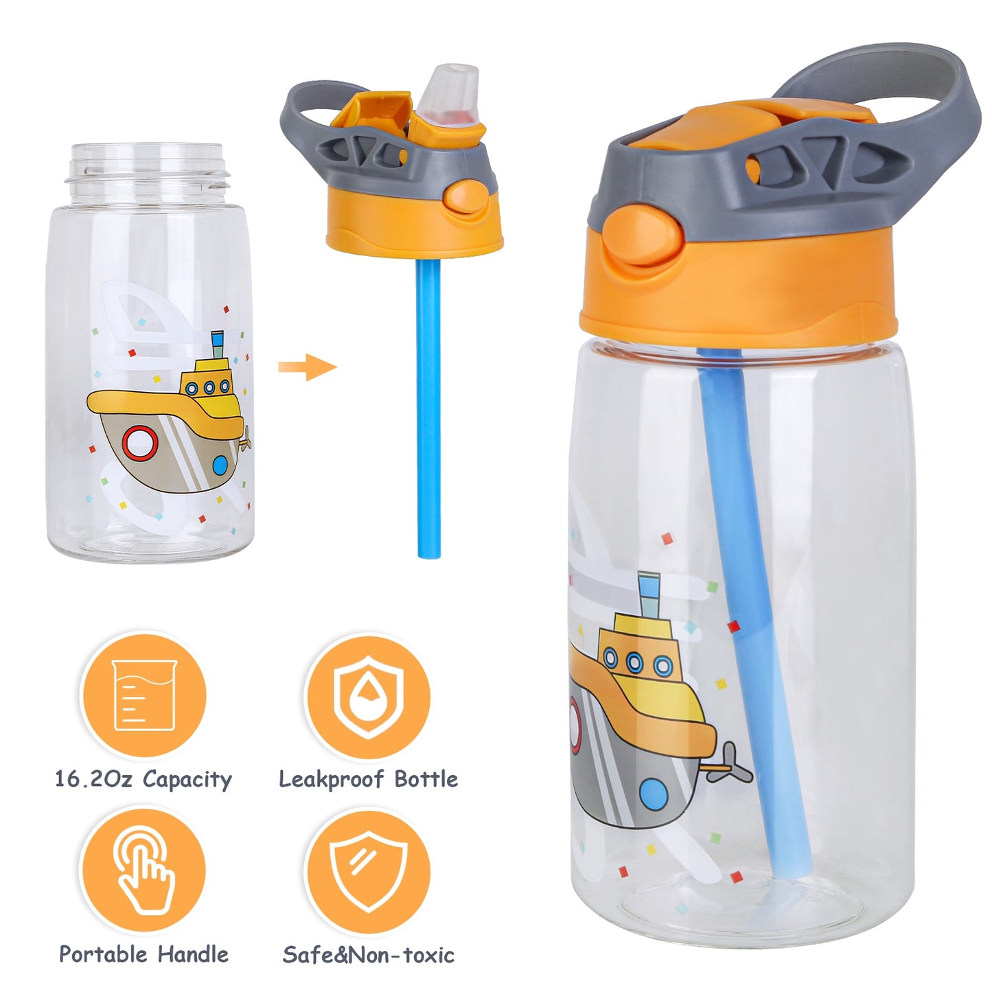 16.2Oz Leak-proof Kids Water Bottle with Straw Push Button Sport Water Bottle for Kids Crab Ship Jellyfish Rocket