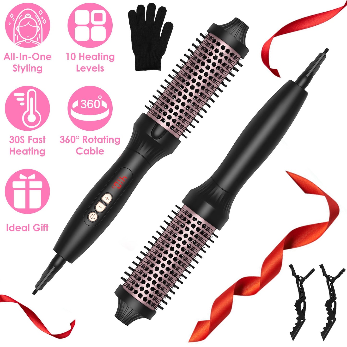 3 In 1 Thermal Brush Hair Curler Brush Hair Curler Straightener with 10 Heating Levels 30S Fast Heating Fit for All Hair Types for Home Travel