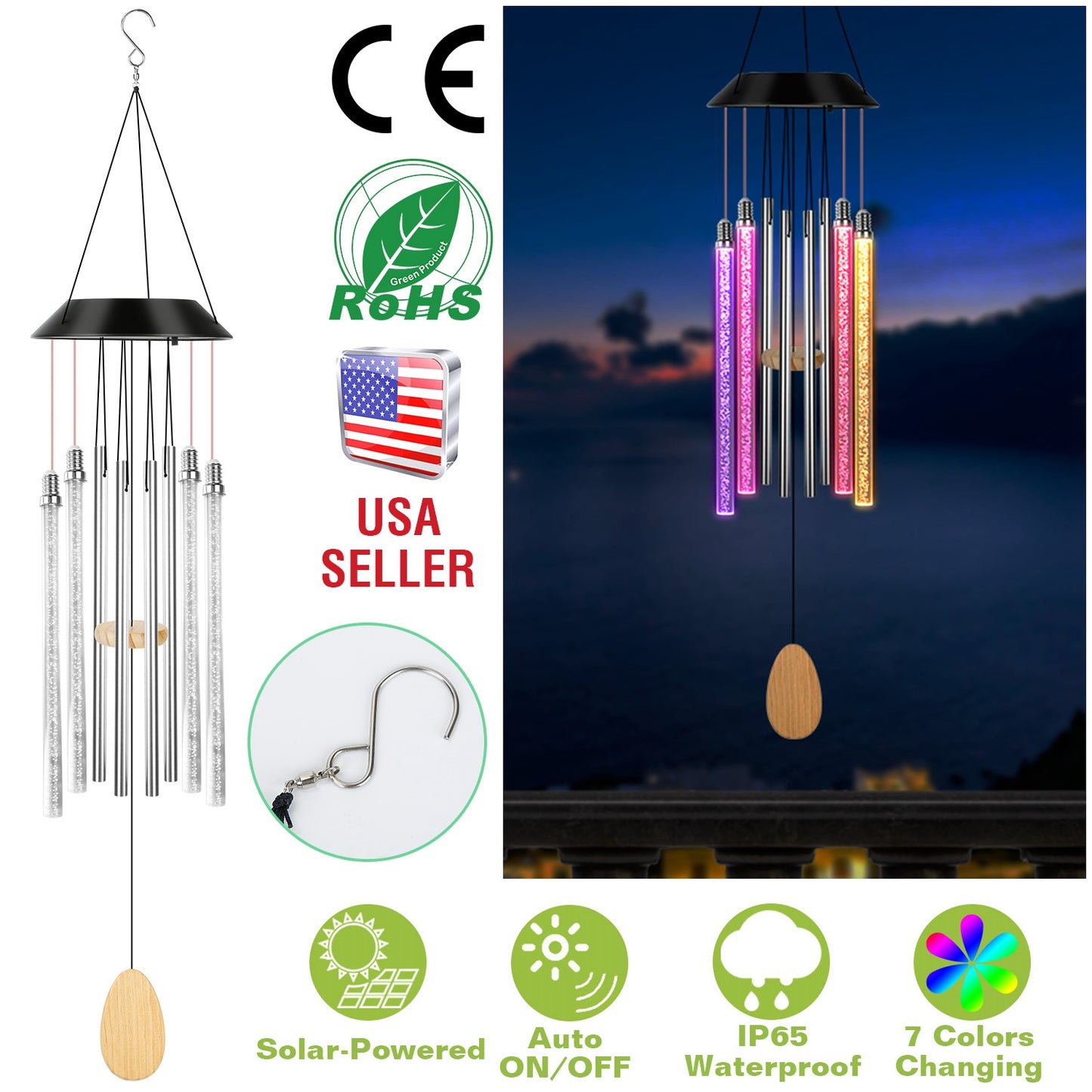 Solar Wind Chime Lights 7 Color Changing Decorative Lamp IP65 Waterproof Hanging String Lights w/ Dual Pendants For Home Garden Party Festival