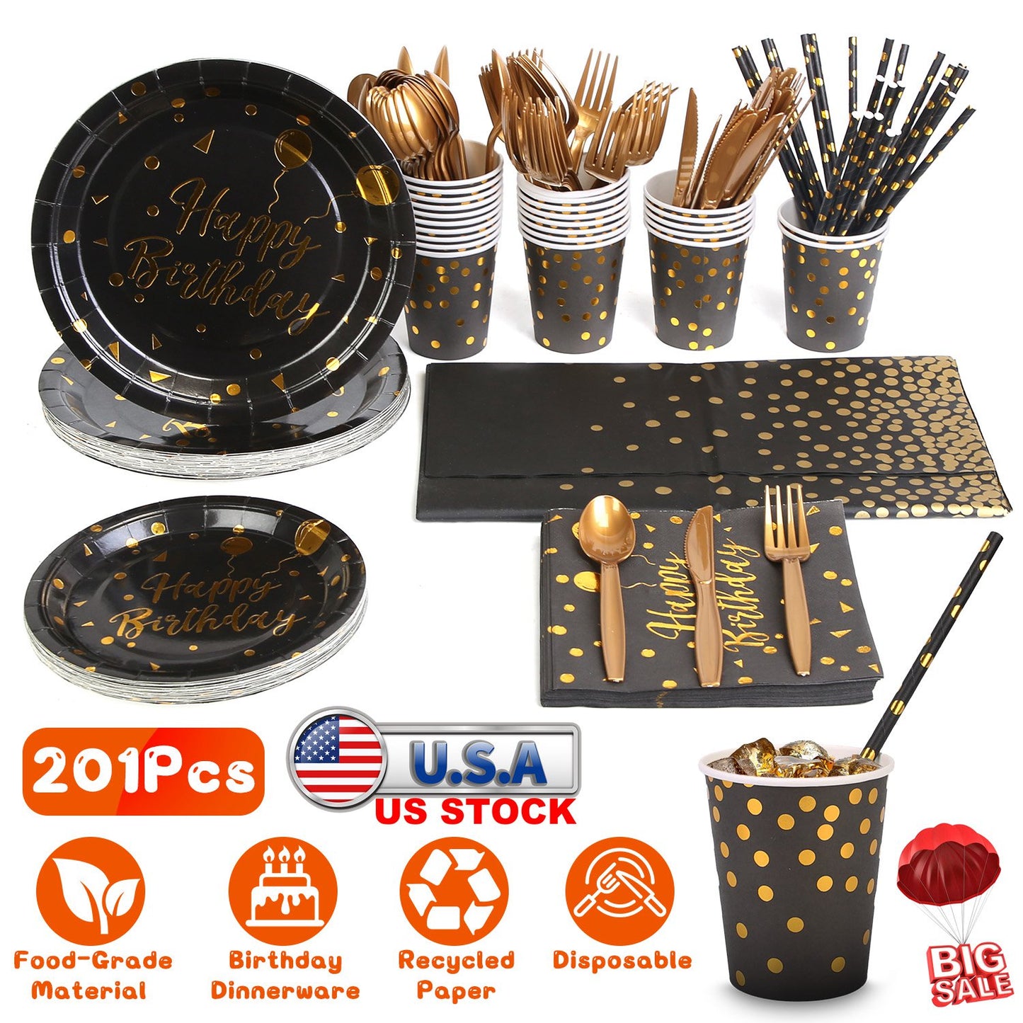 201PCS Black Gold Birthday Party Supplies For 25 Guests Happy Birthday Disposable Dinnerware Set Paper Plates 9OZ Cups Straws Napkins Forks Knives Spo