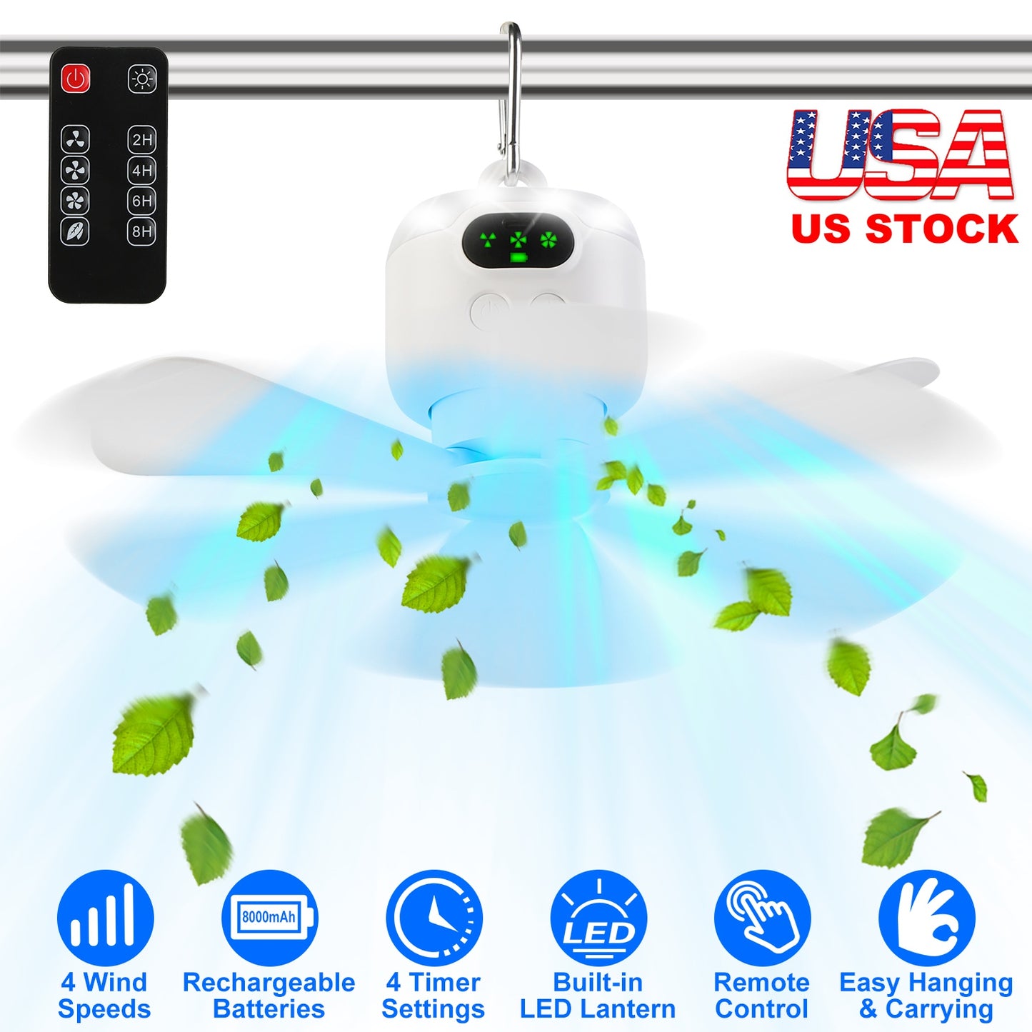 2 In 1 Portable Camping Fan with LED Lantern 8000mAh Battery Powered Tent Fan with Carabiner Digital Display 4 Speeds 4 Timer Settings for Camping Can