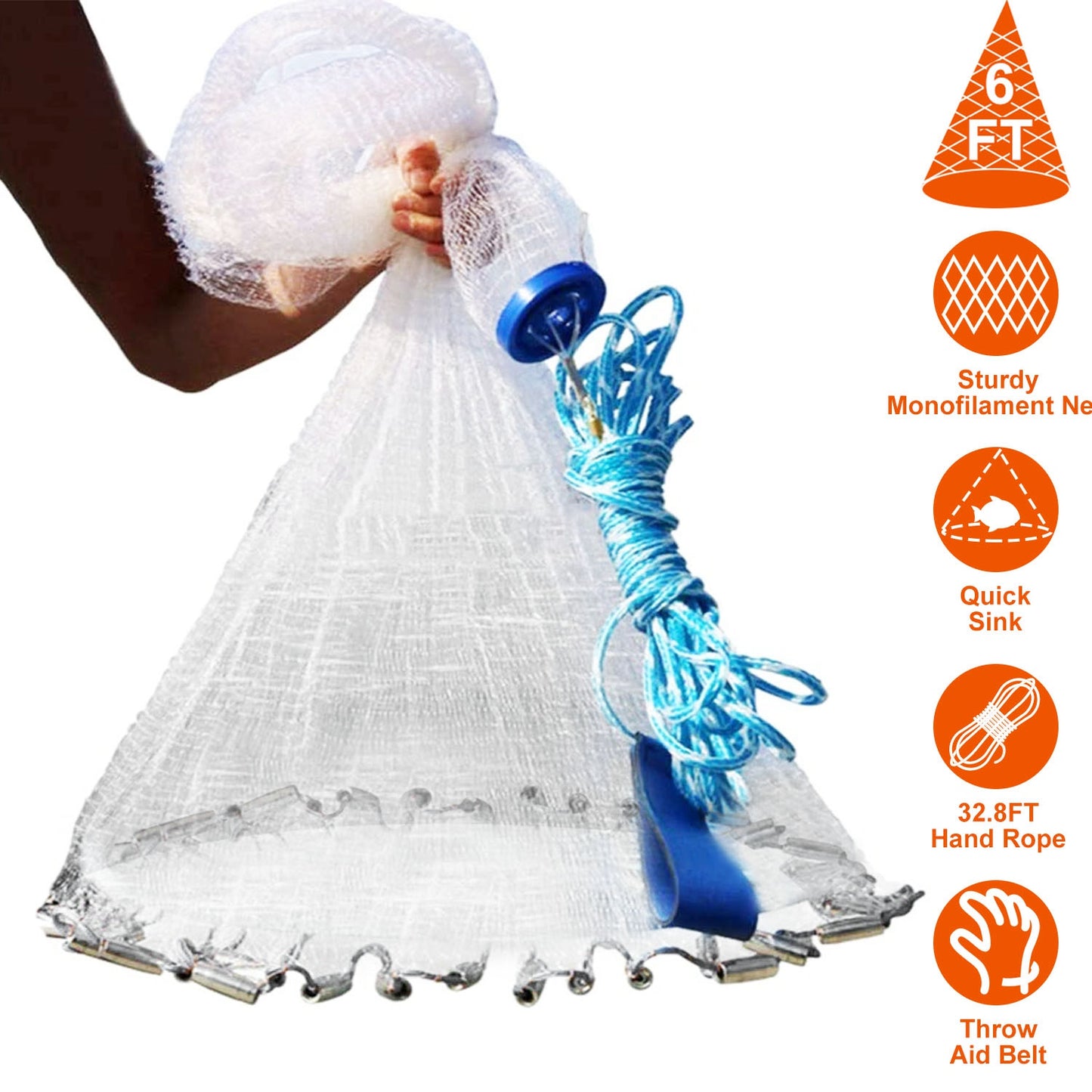 6ft Radius Fishing Cast Net Bait Trap Easy Throw Heavy Duty Hand Cast Net with Chain Sinker Bottom Spread