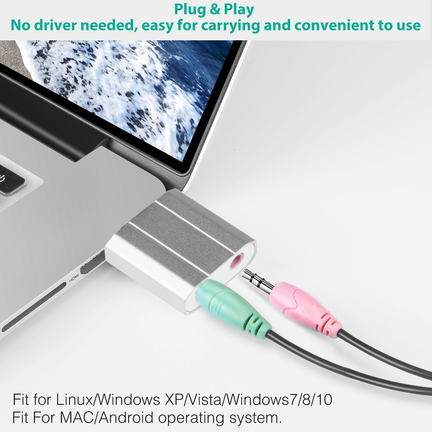USB Audio Adapter External Stereo Sound Card w/ 3.5mm Headphone Microphone Jack Sound Converter For PC Laptops