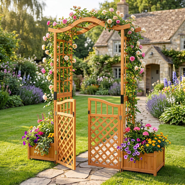 Garden Arbor with Gate and 2 Planter Boxes, 83" Yellow