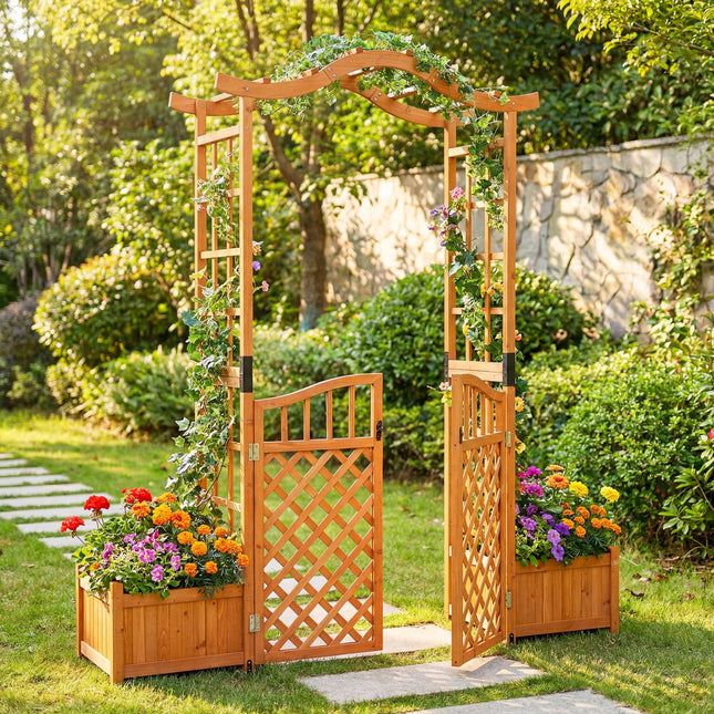 Garden Arbor with Gate and 2 Planter Boxes, 83" Yellow