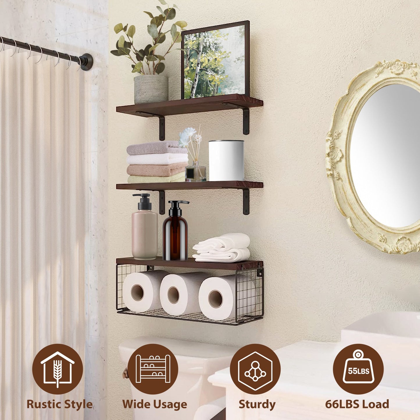 2 In 1 Floating Shelves Wall Mounted with Storage Basket Bathroom Shelves Over Toilet Wooden Shelves for Bedroom Living Room Kitchen Office Wall Decor