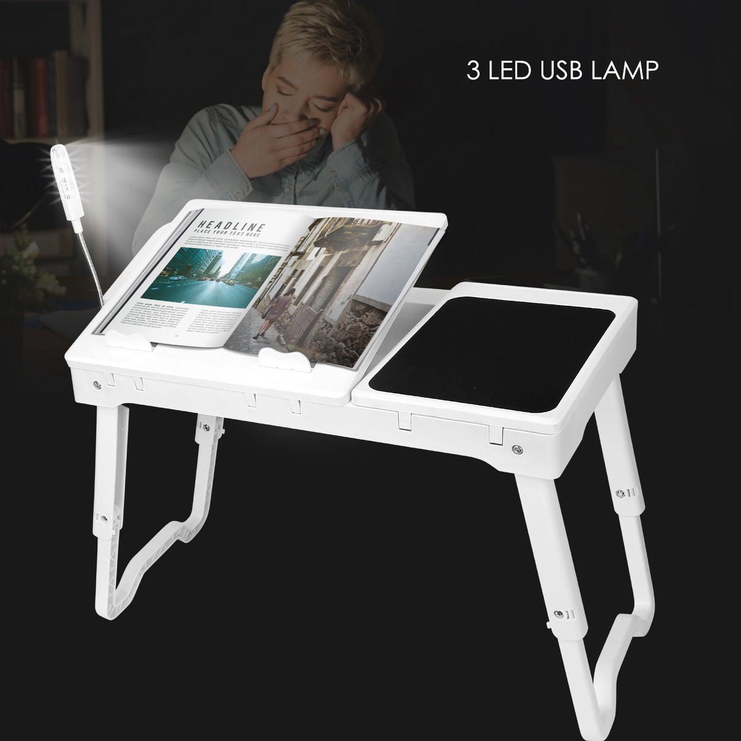 Foldable Laptop Table Bed Notebook Desk w/Cooling Fan Mouse Board LED light 4 x USB Ports Breakfast Snacking Tray with Storage Groove For Home Office