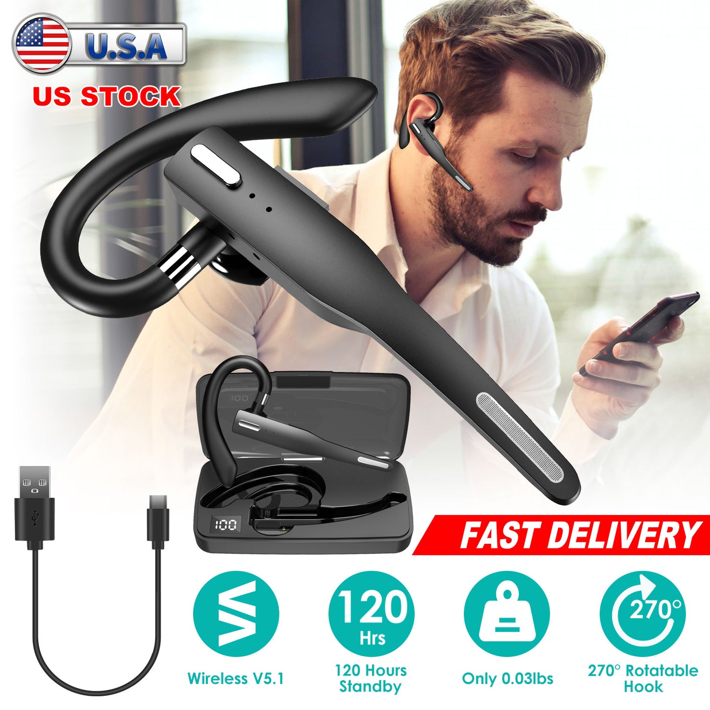 Unilateral Wireless V5.1 Business Earpiece with Charging Case Rechargeable Wireless in-Ear Headset with Hook for Car Driving Phone Call Office