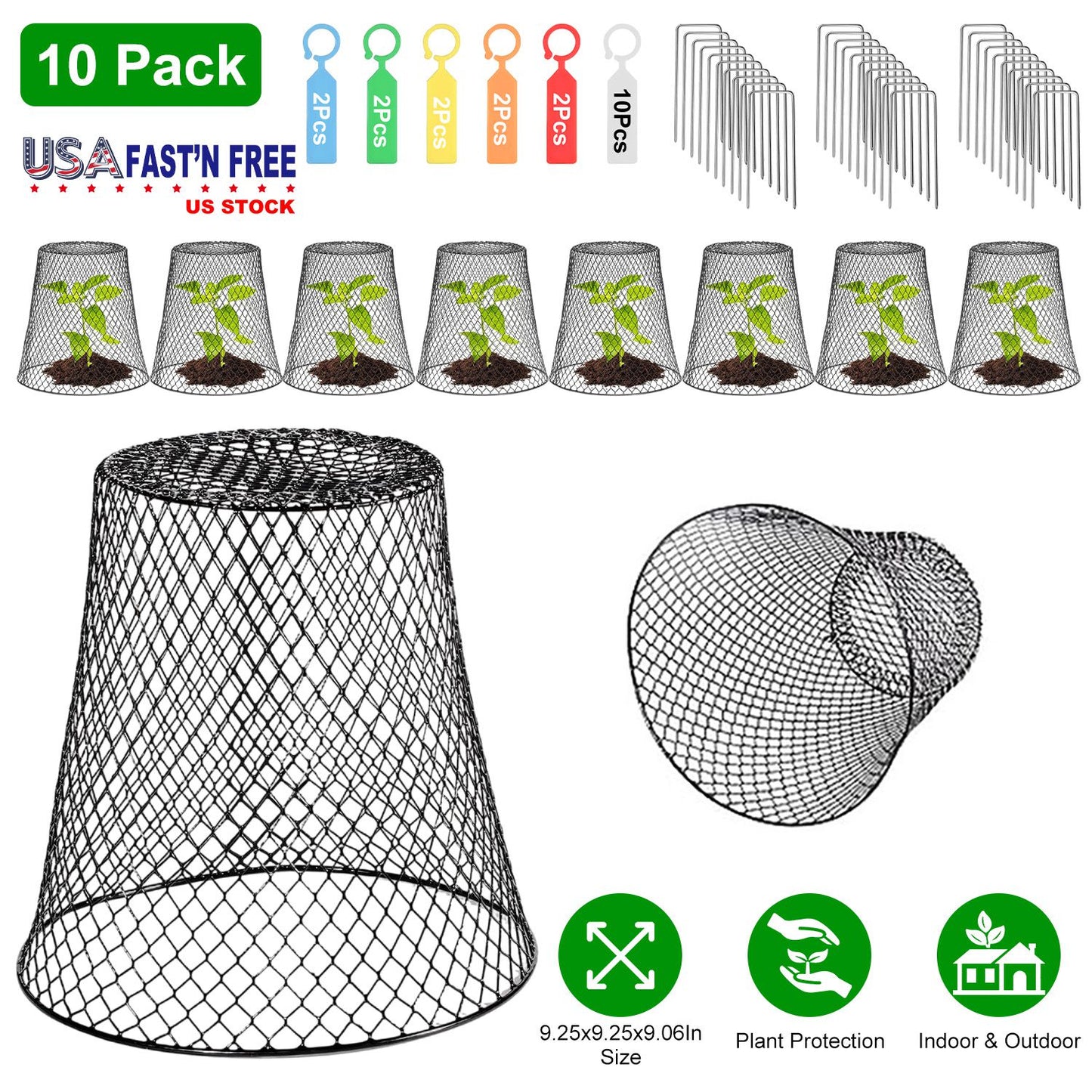 10Pack 9.25x9.25in Chicken Wire Cloches Plant Covers Metal Garden Cages Heavy Duty Plant Protectors with 30 Stakes 20 Labels Keep Bunnies Chicken Squi
