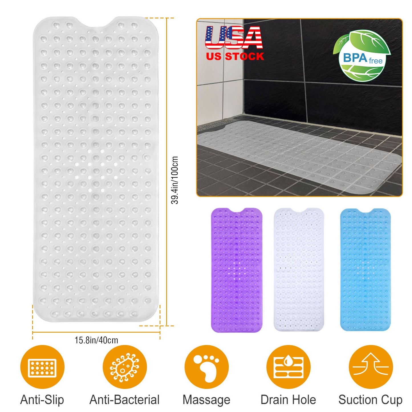 Bath Tub Mat Non-Slip Shower Mat BPA-Free Massage Anti-Bacterial with Suction Cups Washable for Bathroom Kitchen Pool