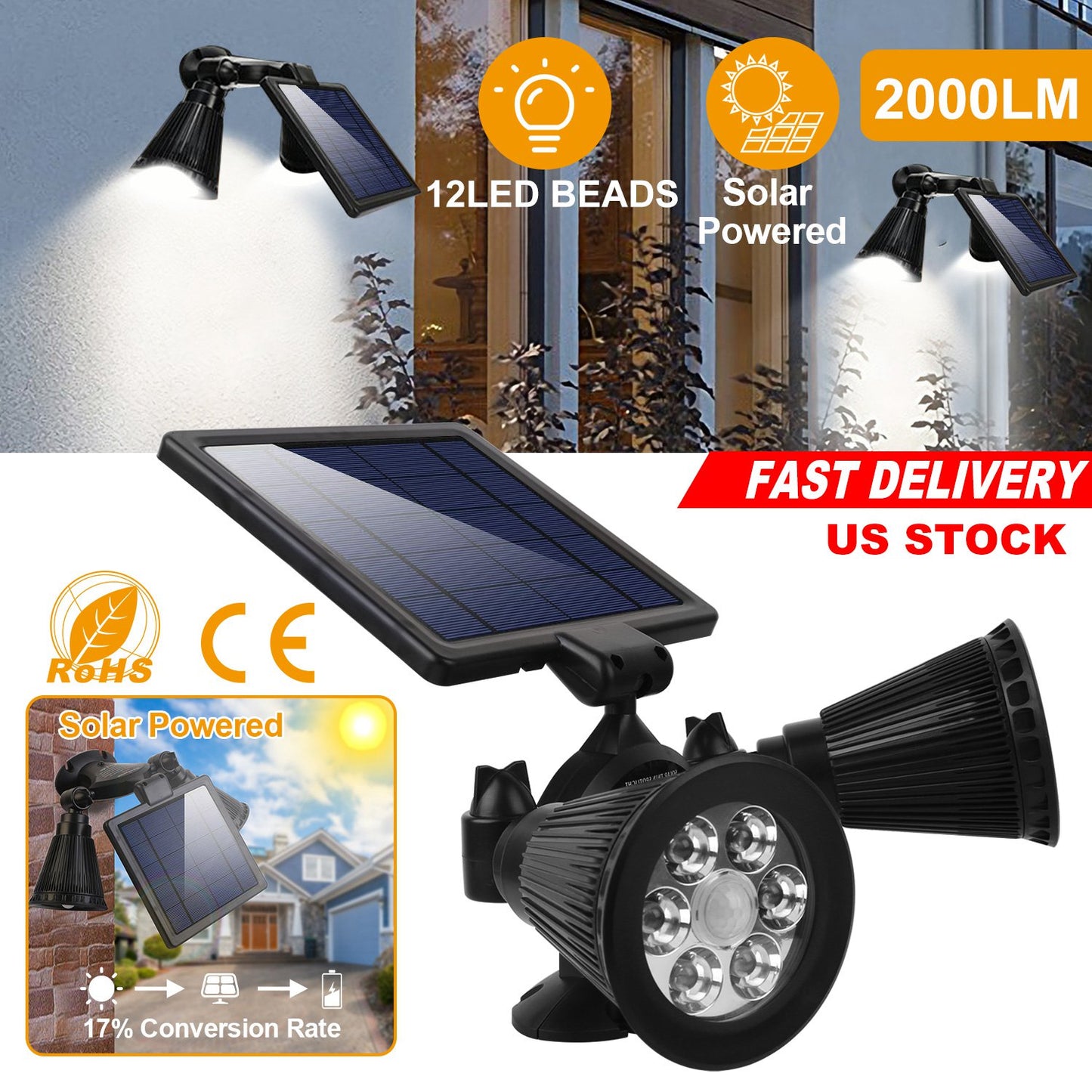 Solar Lights Outdoor Solar Power Motion Sensor Spotlights 2000lm Security Lights w/ Dual Head 360¡ Rotatable IP44 Wall Lights Garden Garage Driveway