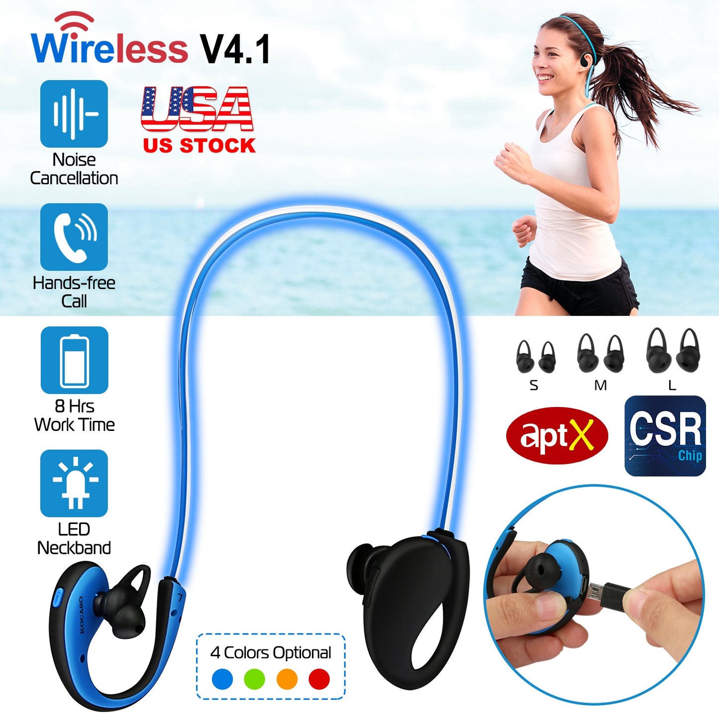 Wireless Sports Headsets Wireless V4.1 Neckband Earphones HD Stereo Sweat-proof Headphones Earbuds w/ LED Light Mic 8Hrs Work Running