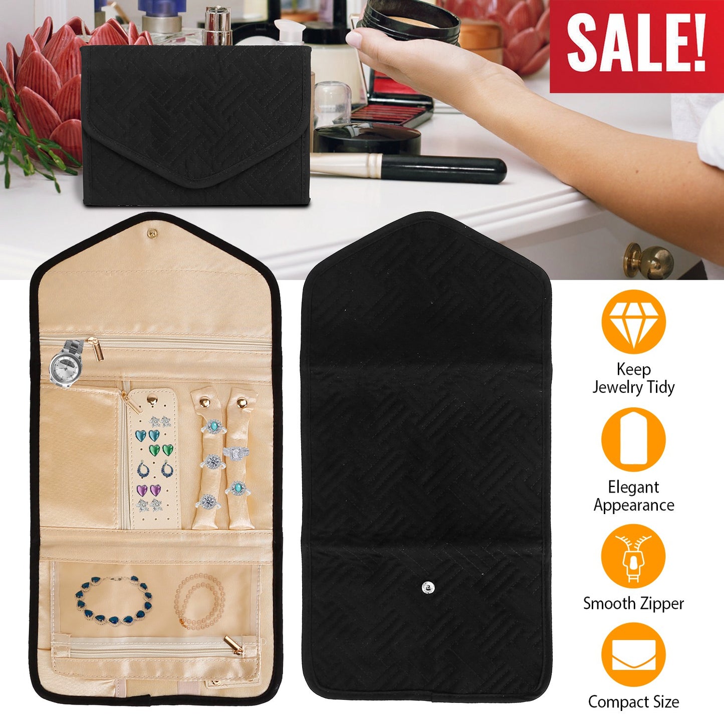 Travel Jewelry Organizer Case Foldable Jewelry Roll Storage Bag for Journey-Rings Necklaces Earrings Bracelets