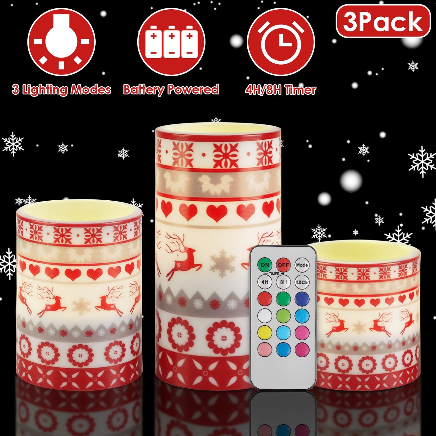 3Pack Christmas Flameless LED Candles Deer Flickering Candle Lights Pillar Candles with 3 Lighting Modes Timer Remote Control