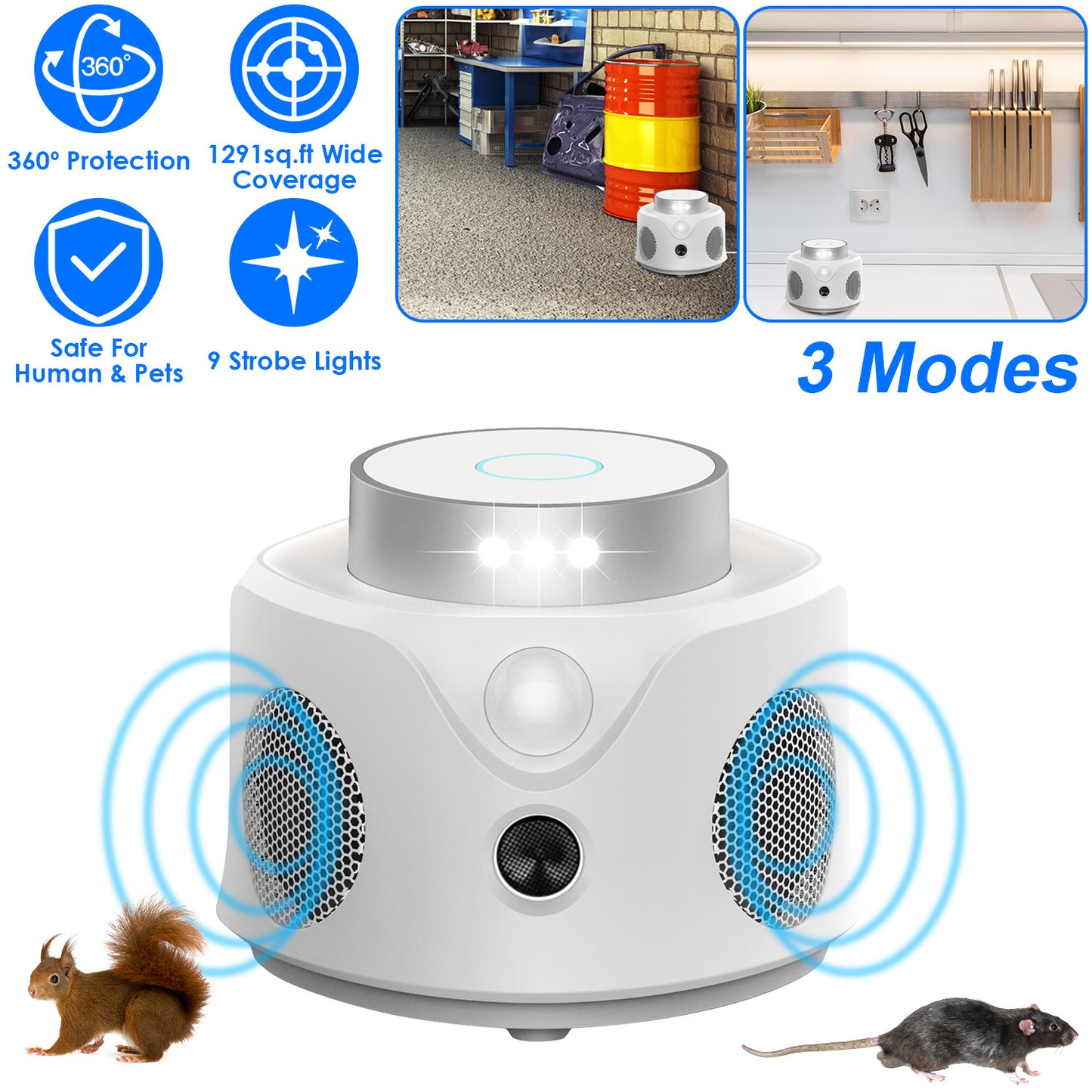 360¡ Ultrasonic Mice Repellent Indoor Rodent Repeller Mice Rat Squirrel Rodent Chaser with 3 Modes 9 Strobe Lights for Kitchen Living Room Attic Basem
