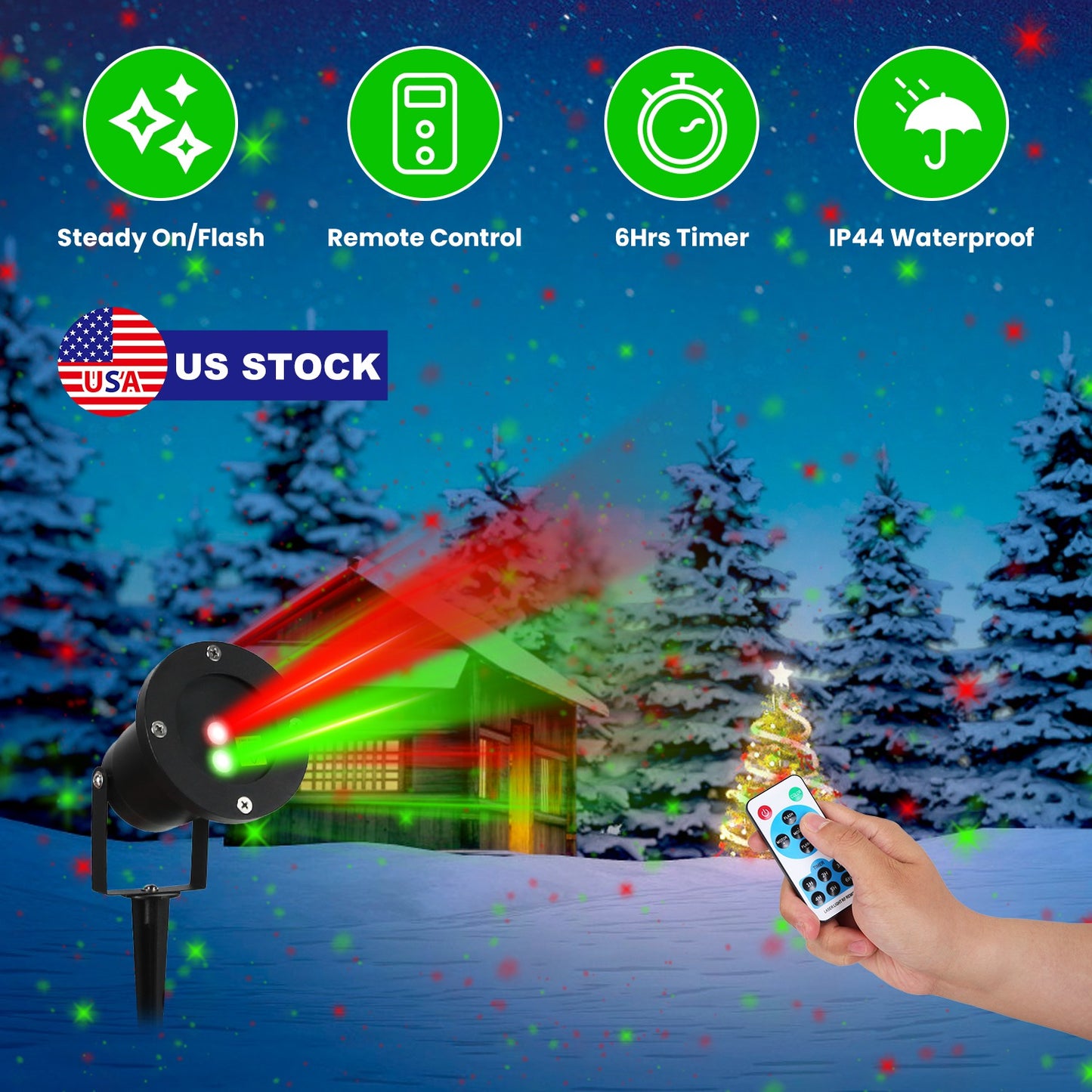 Outdoor Laser Projector Light Red and Green Projection Light with 3 Modes 12 Speeds 6Hrs Timer IP44 Waterproof Firefly Landscape Light for Christmas H