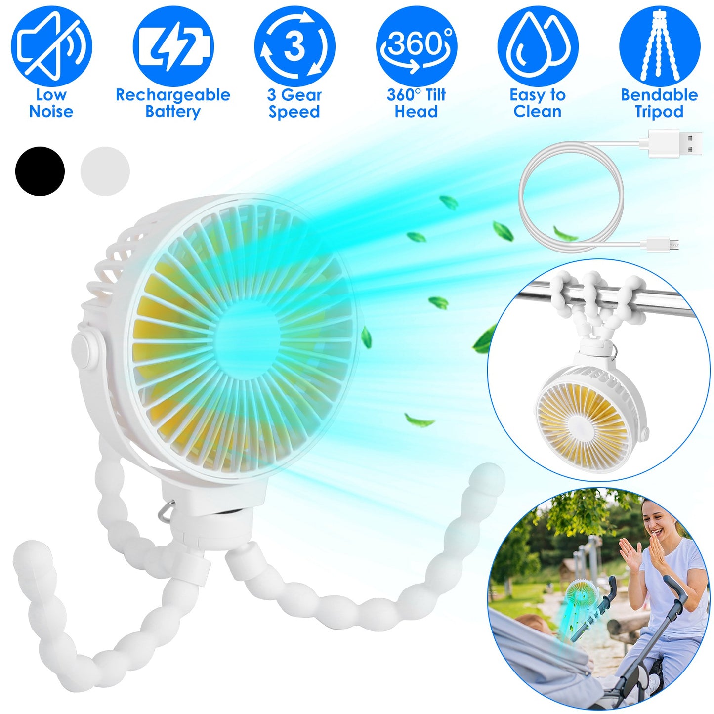 Portable Baby Stroller Fan Rechargeable Handheld Fan with Flexible Tripod Clip On Desktop Hanging Fan 3 Gear Speed 360¡ Tilt Head