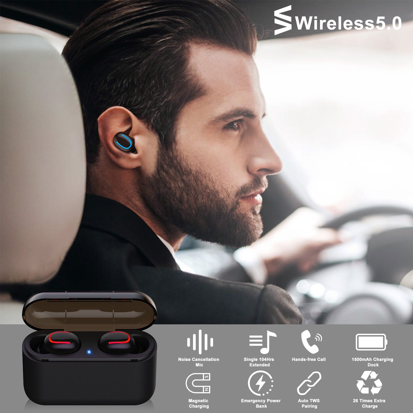 TWS Wireless 5.0 Earbuds In-Ear Stereo Headset Noise Canceling Earphone Headsets w/Mic Magnetic Charging Dock for Driving Working Travelling