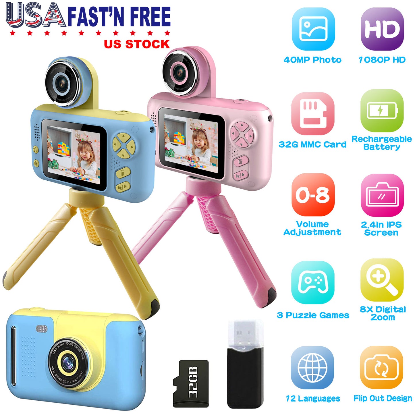 Kids Digital Camera with Flip Lens Children Video Camcorder Christmas Toy Birthday Gifts with Tripod 2.4in Screen 32G MMC Card for 3-10 Year Old Boys