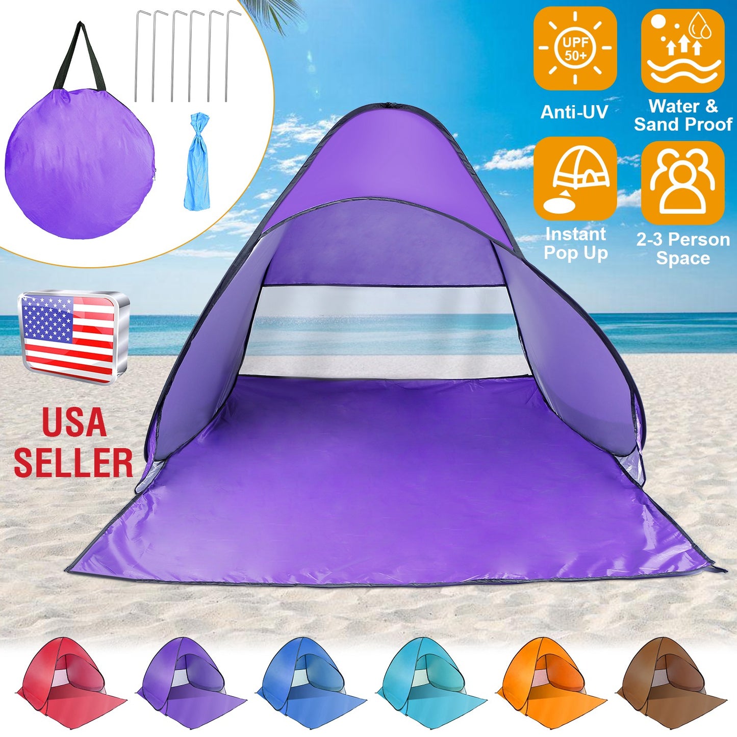 Pop Up Beach Tent Sun Shade Shelter Anti-UV Automatic Waterproof Tent Canopy for 2/3 Man w/ Net Window Storage Bag for Outdoor Beach Camping Fishing P