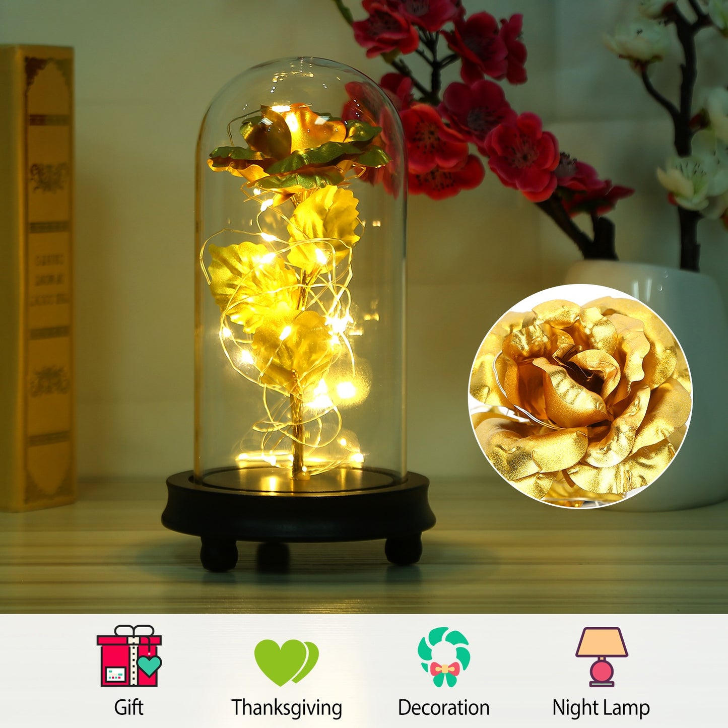 Foil Rose LED String Light Rose Fairy Lamp w/ Glass Dome For ValentinesÕ Day MotherÕs Day Wedding Birthday