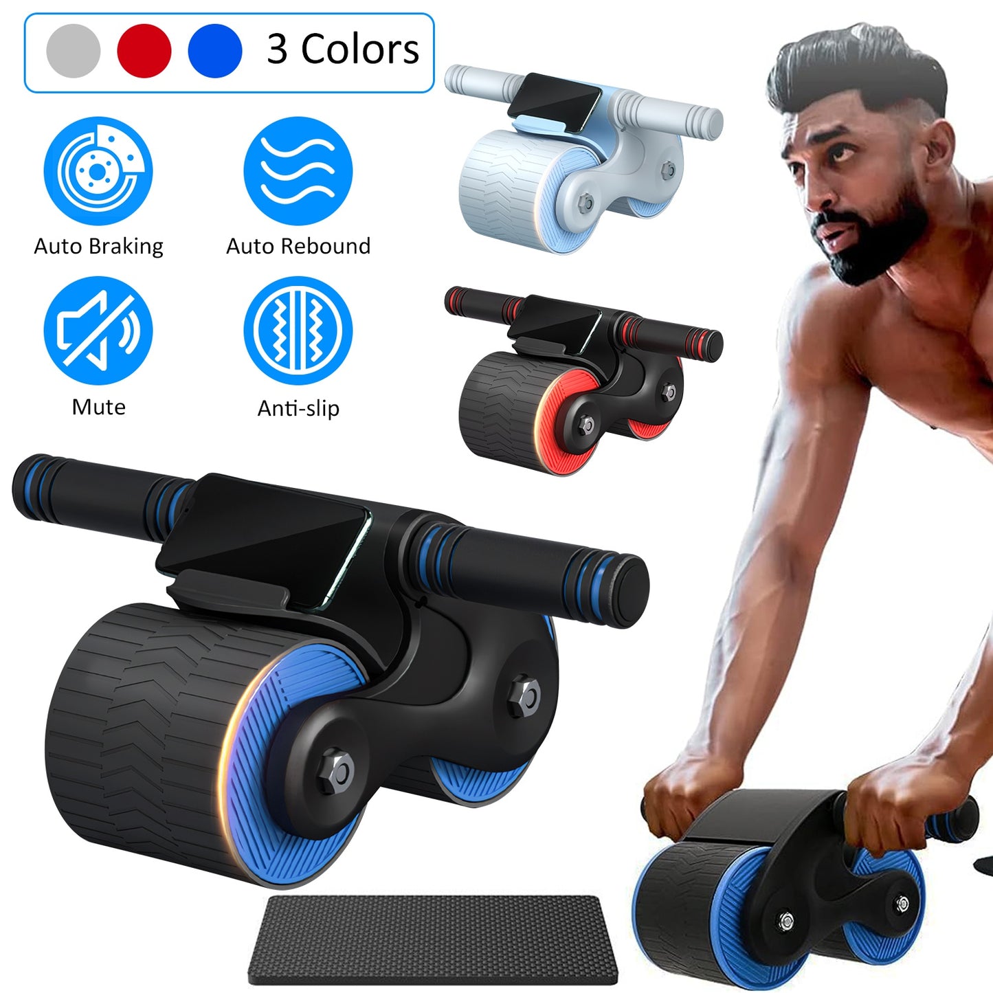 Automatic Rebound Abdominal Wheel Anti-slip AB Roller Wheel with Kneel Pad Phone Holder Home Gym Abdominal Exerciser for Men Women