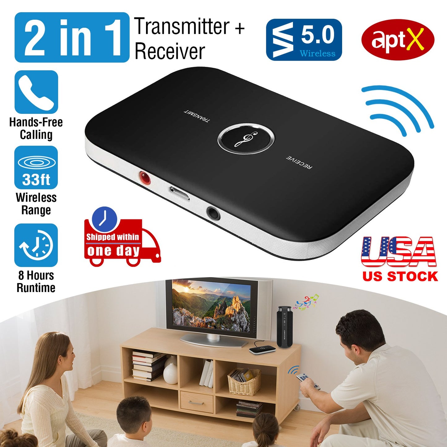 Wireless V5.0 Transmitter Receiver with aptX Low Latency 2-in-1 Wireless 3.5mm Audio Adapter for TV Headphones Speakers PC Sound System Car