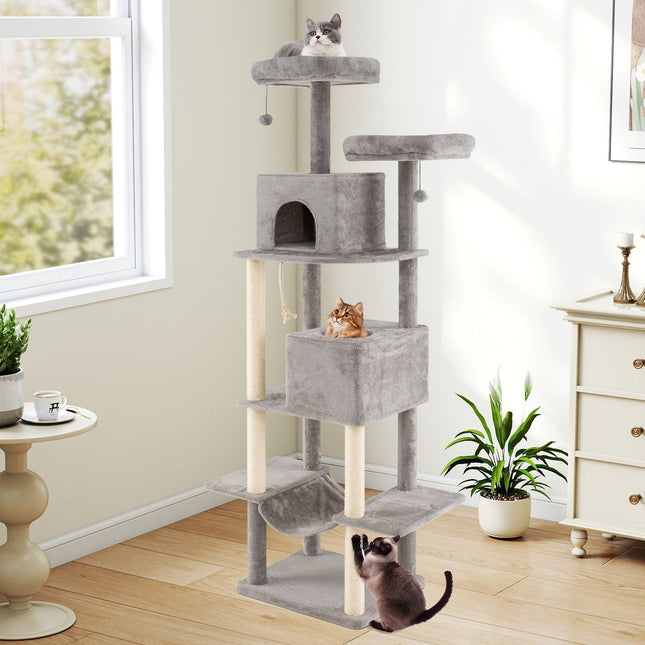 84 Inch Large Cat Tree with 2 Condos and 2 Soft Plush Perches for Indoor Cats-Gray