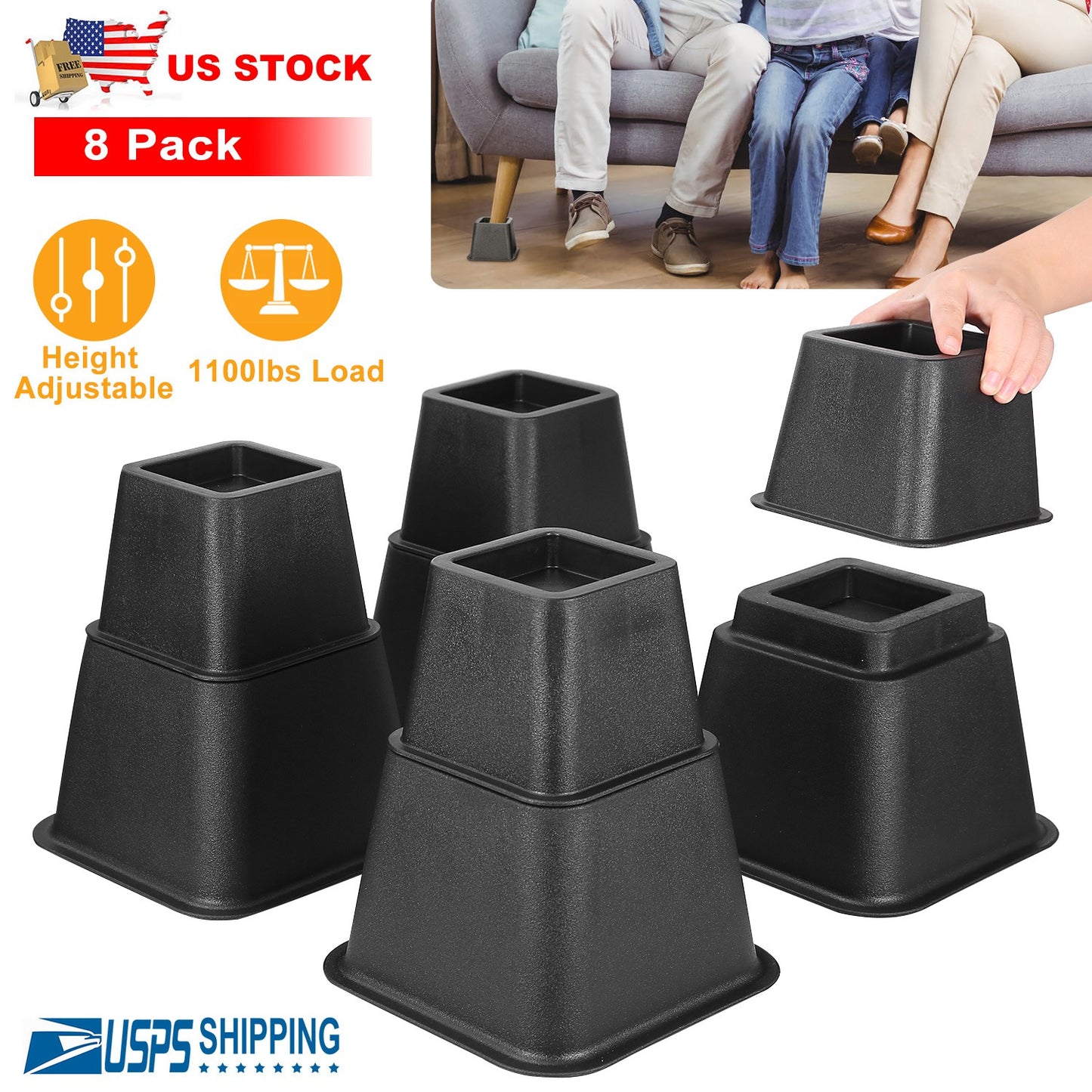8Pcs Furniture Risers 500kg 1100lbs Capacity Bed Lifters Adjustable Couch Table Chair Risers