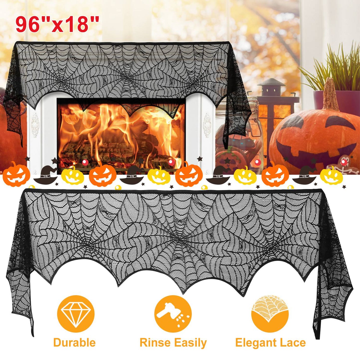Spiderweb Mantle Scarf – 96x18" Black Lace Fireplace Cover for Halloween Decor