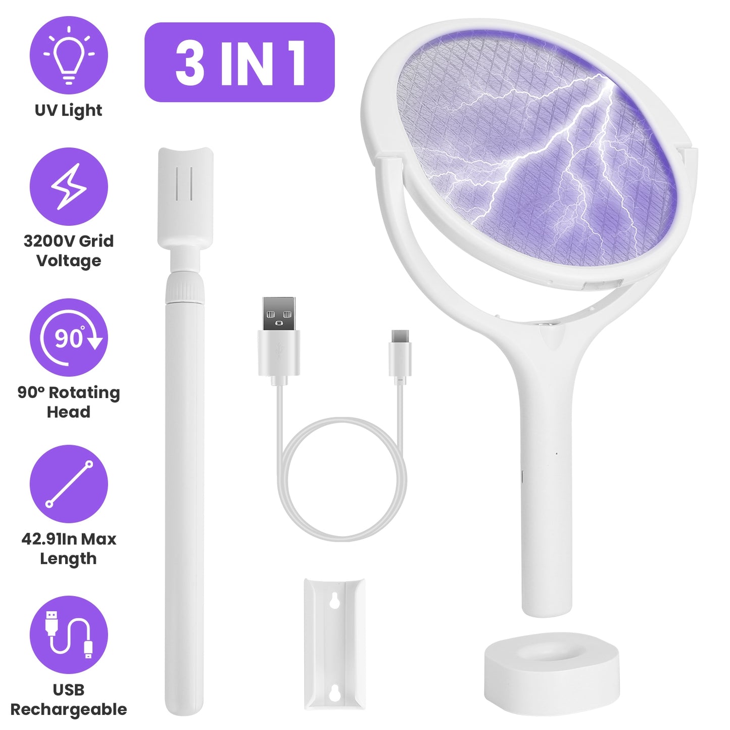 3 In 1 Electric Bug Zapper Racket 90¼Rotating Bug Zapper Wand Indoor Outdoor Handheld Mosquito Swatter with Telescopic Extension Wand