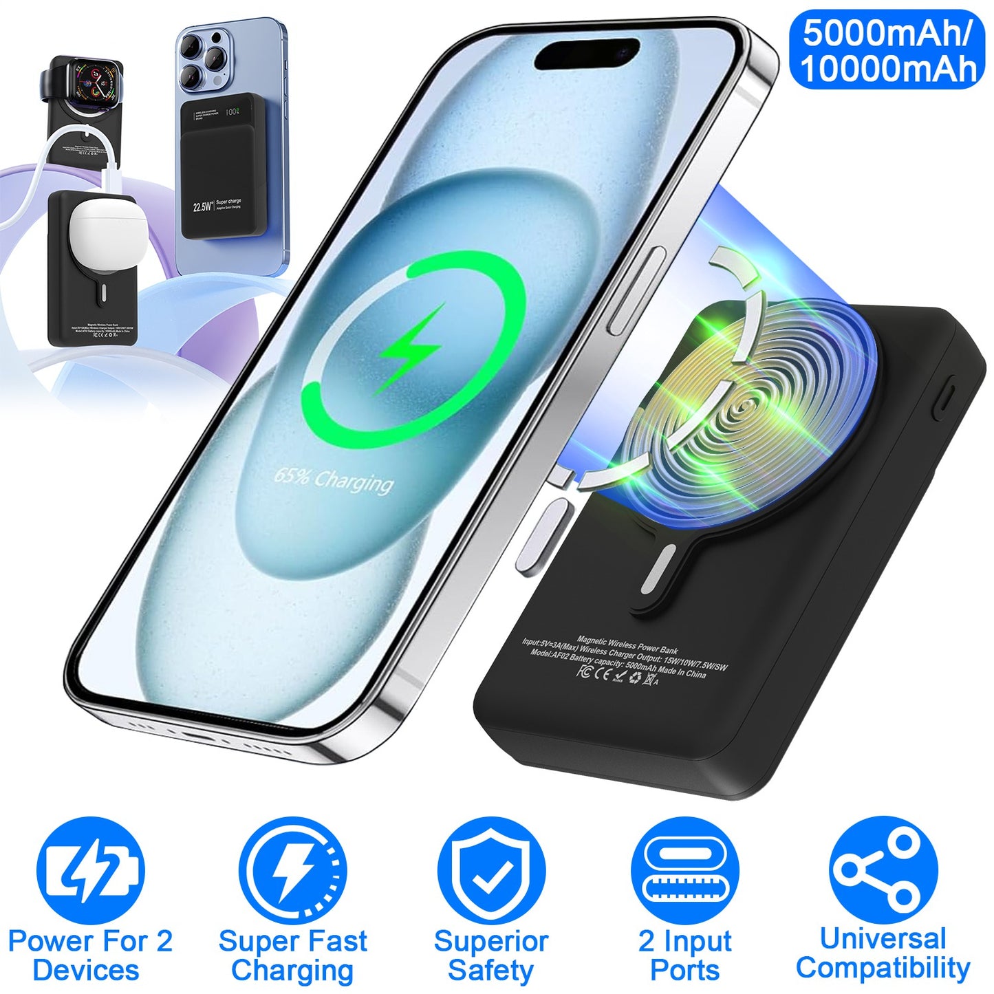 5000mAh Magsafe 3 In 1 Portable Charger PD22.5W Magnetic Fast Charger Fast Charging Power Bank Fit For IOS Phone 15/14 Samsung Galaxy S24 And More