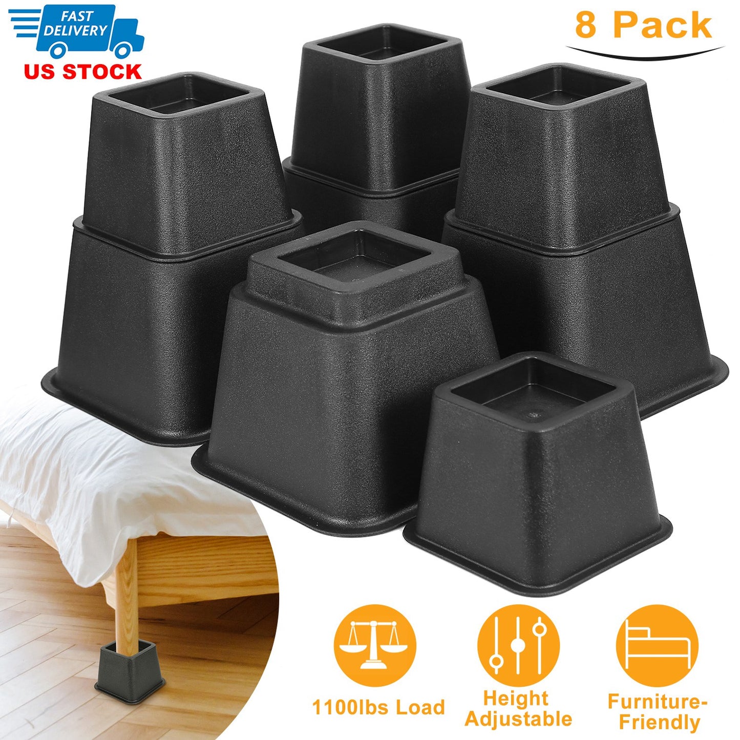 8Pcs Furniture Risers 500kg 1100lbs Capacity Bed Lifters Adjustable Couch Table Chair Risers