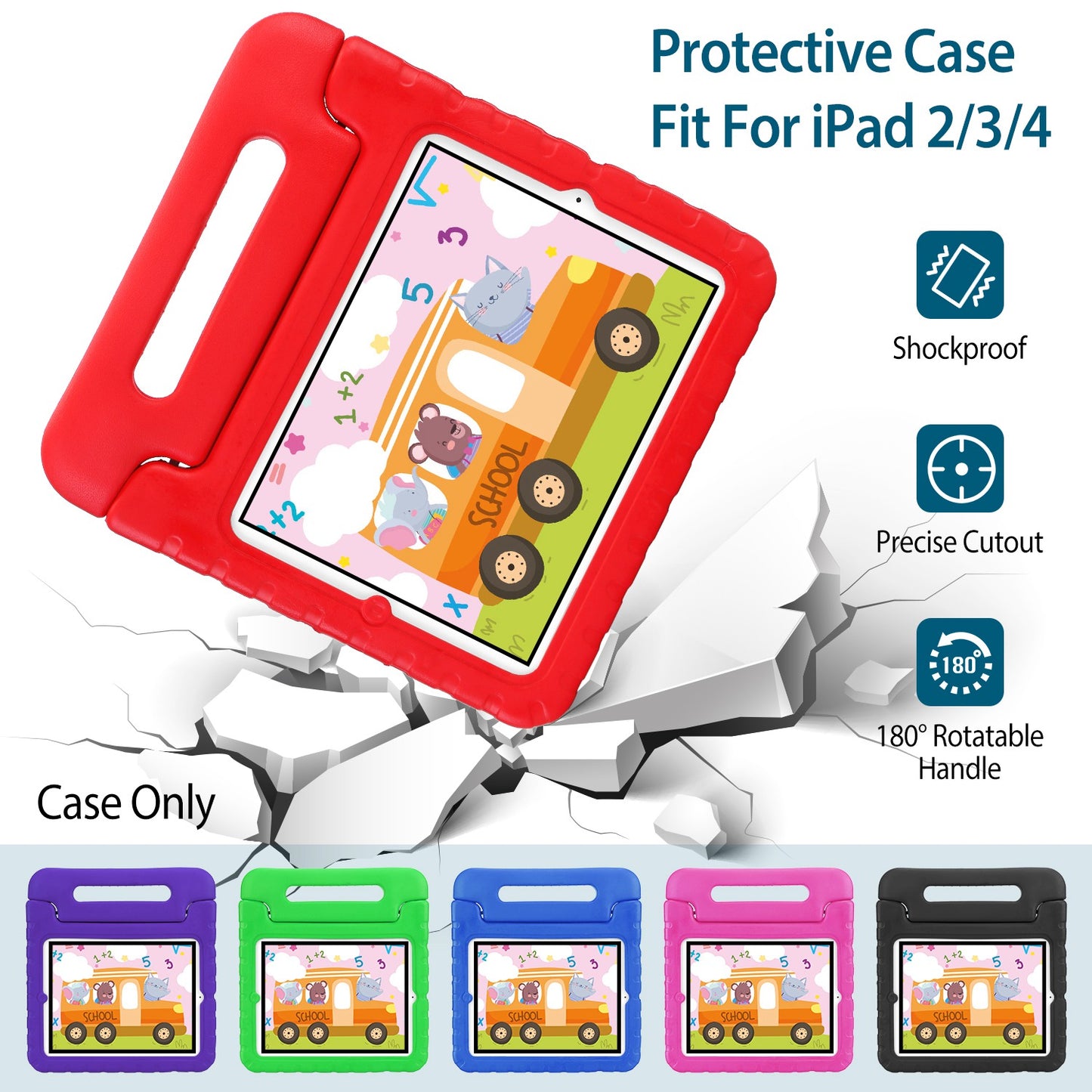 Protective Case Fit For iPad 2 3 4 Shockproof Hard Kid Tablet PC Protection Cover W/ Foldable Handle