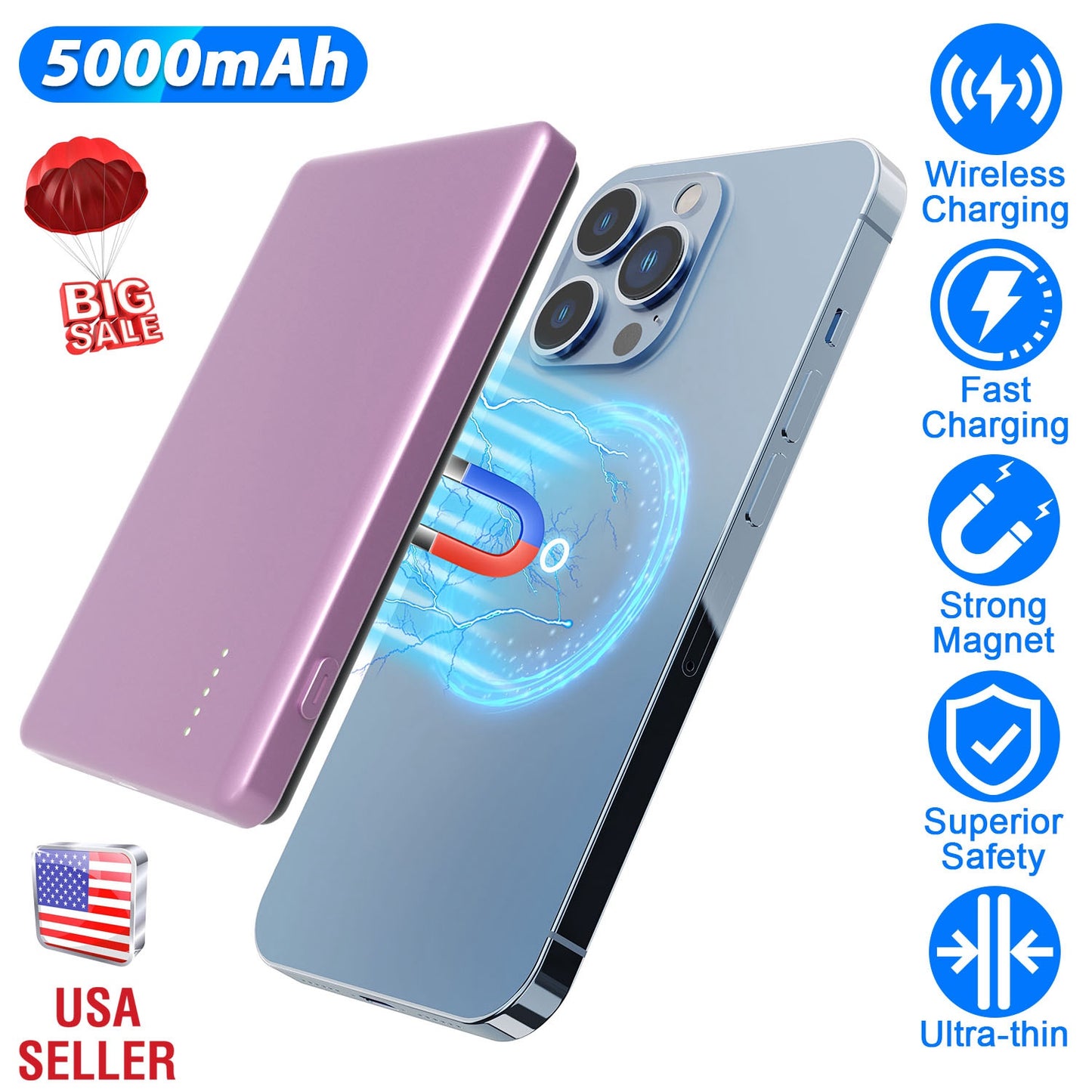 2 In 1 5000mAh 8MM Slim MagSafe Wireless Power Bank PD20W Magnetic Fast Charger Portable Phone Charger Fit for IOS Phone 15 14 13 12 Series And More