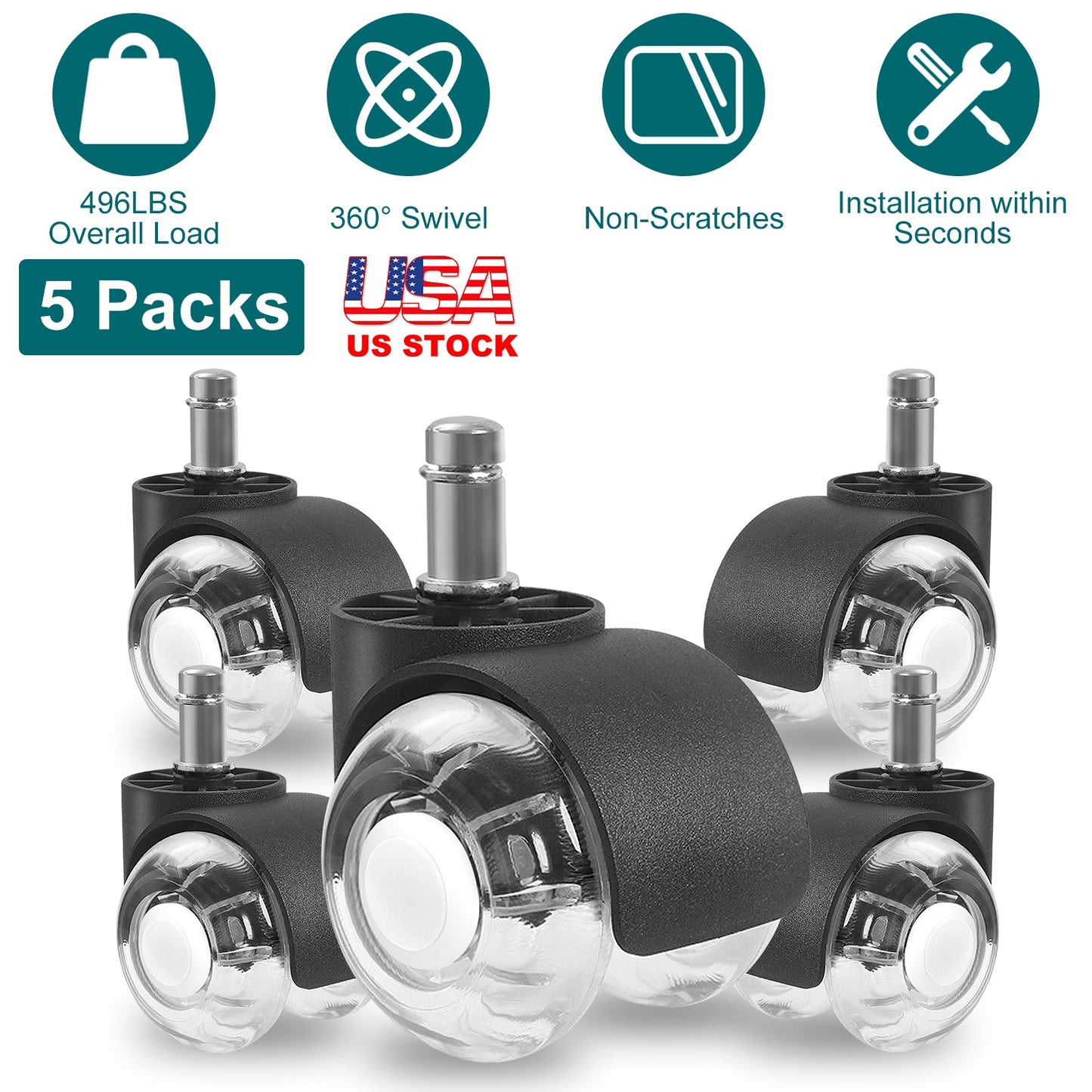 5Pcs Office Chair Wheels Polyurethane Rolling Caster Replacement for Hardwood Floor Carpet Universal Fit 496LBS Max Load