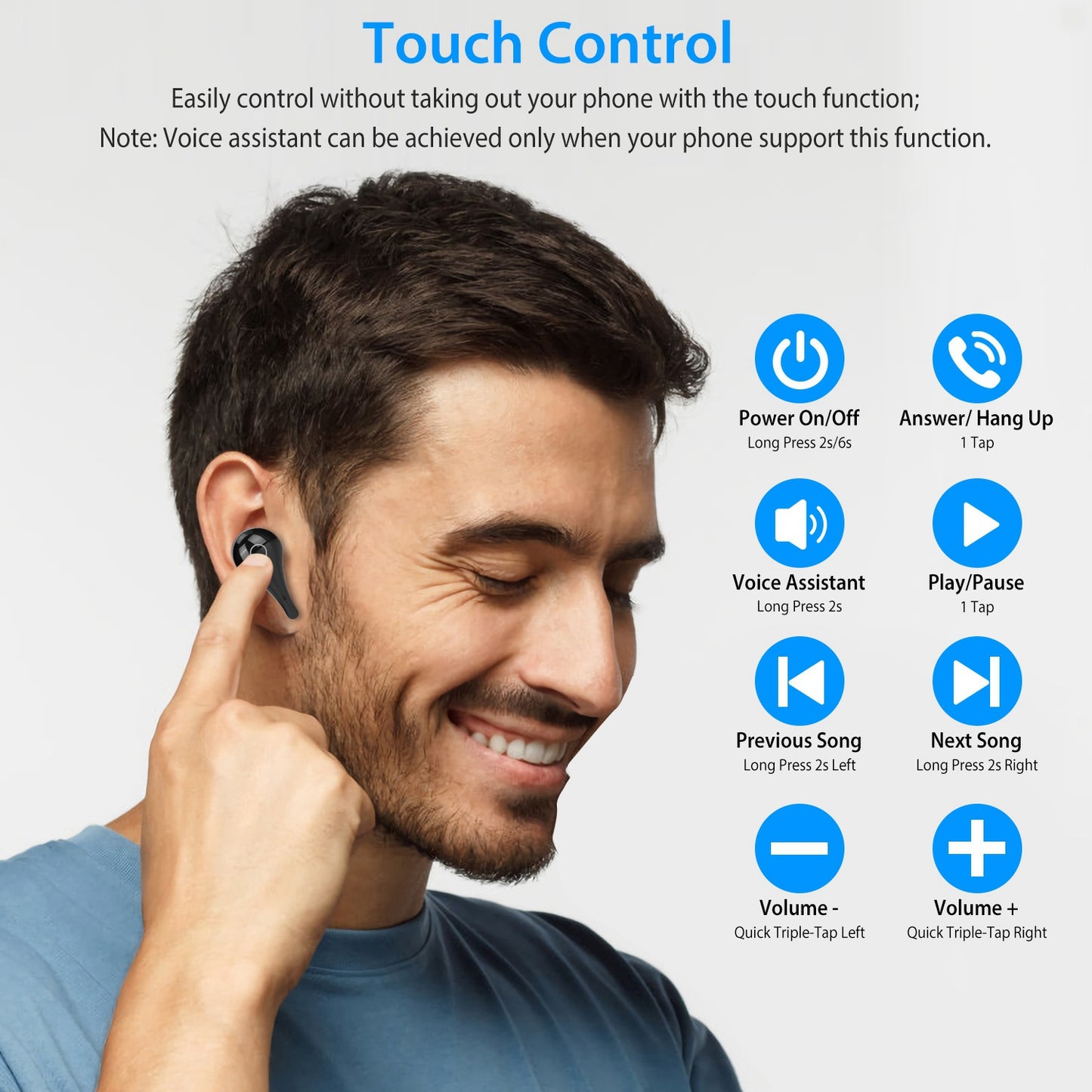 True Wireless V5.0 Earbuds IPX7 Waterproof Touch Control In-Ear Stereo Headsets TWS Noise Canceling Earbuds w/ LED Display Magnetic Charging Dock