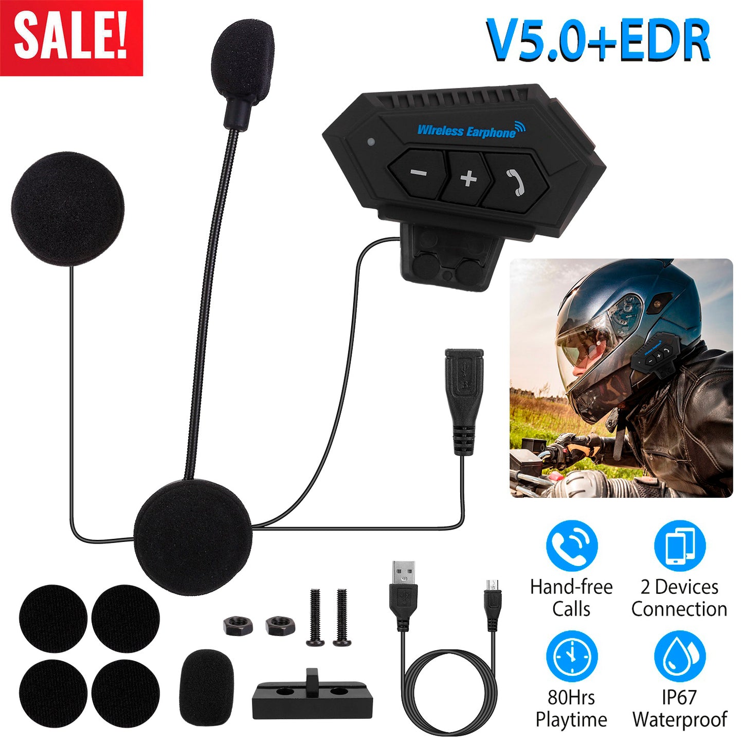 Wireless Headset Speaker Motorcycle Helmet Motorbike Headphone IP67 Waterproof