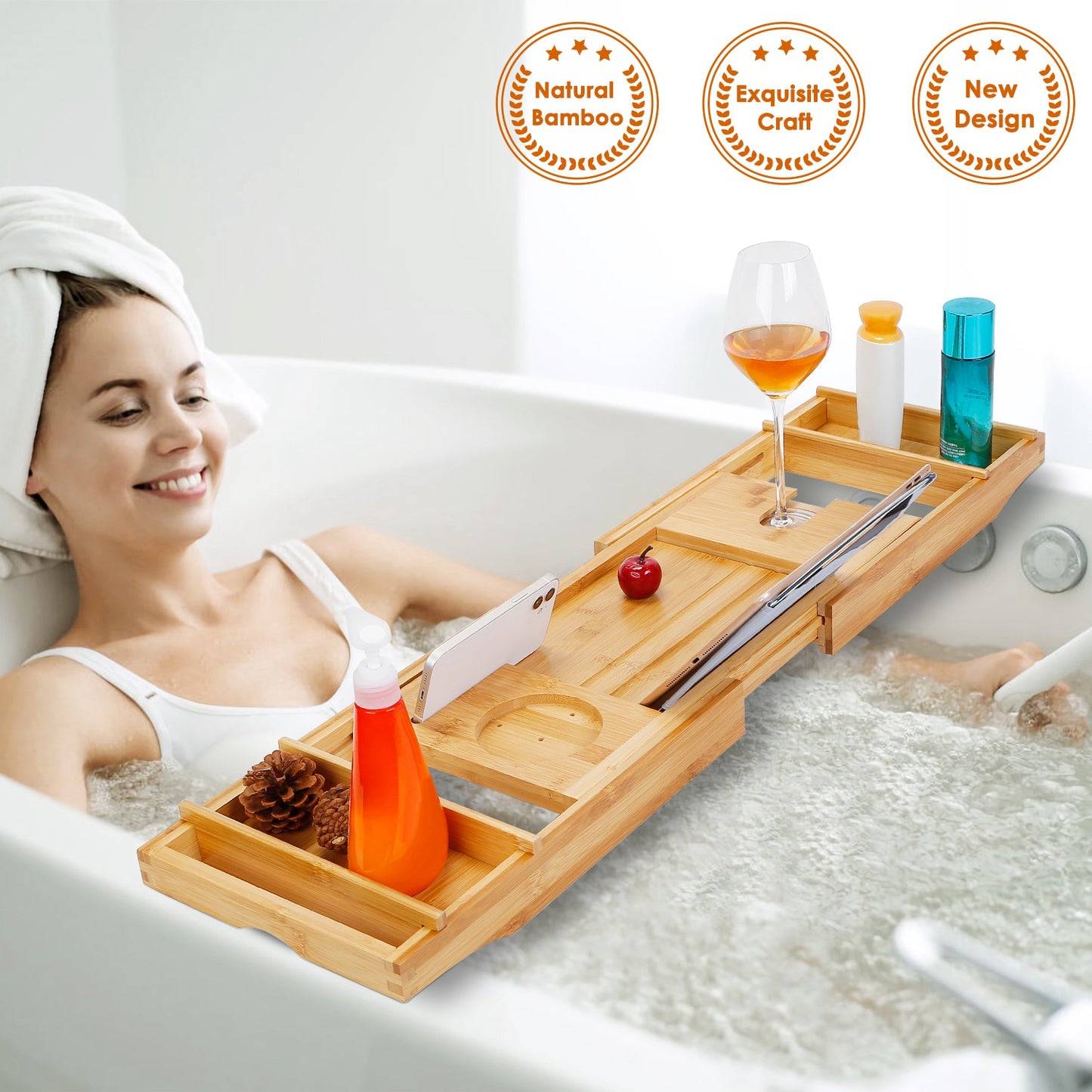 Bathtub Caddy Tray Crafted Bamboo Bath Tray Table Extendable Reading Rack Tablet Phone Holder Wine Glass Holder Shelf Desk Bathroom Spa
